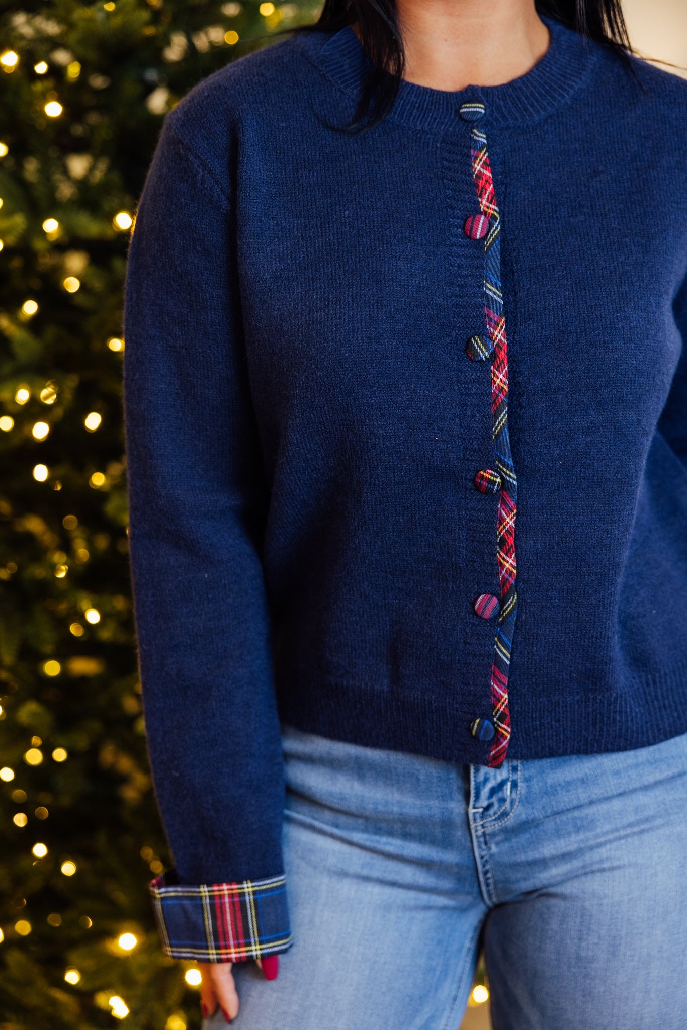 Navy Plaid Trim Cardigan