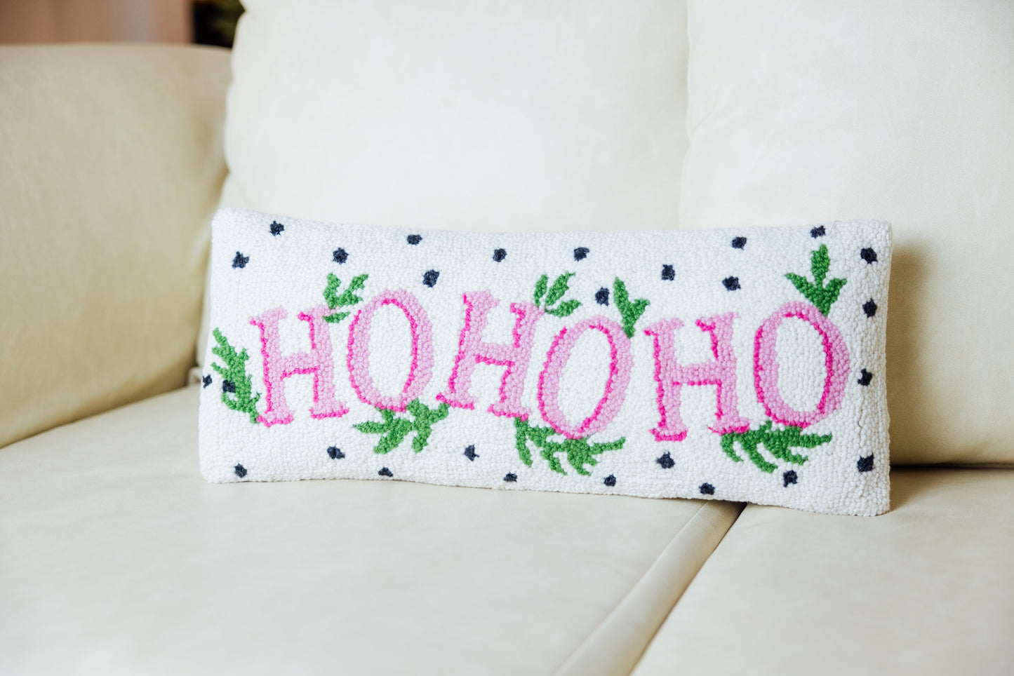 Spotted Holiday Ho Ho Ho Hook Pillow