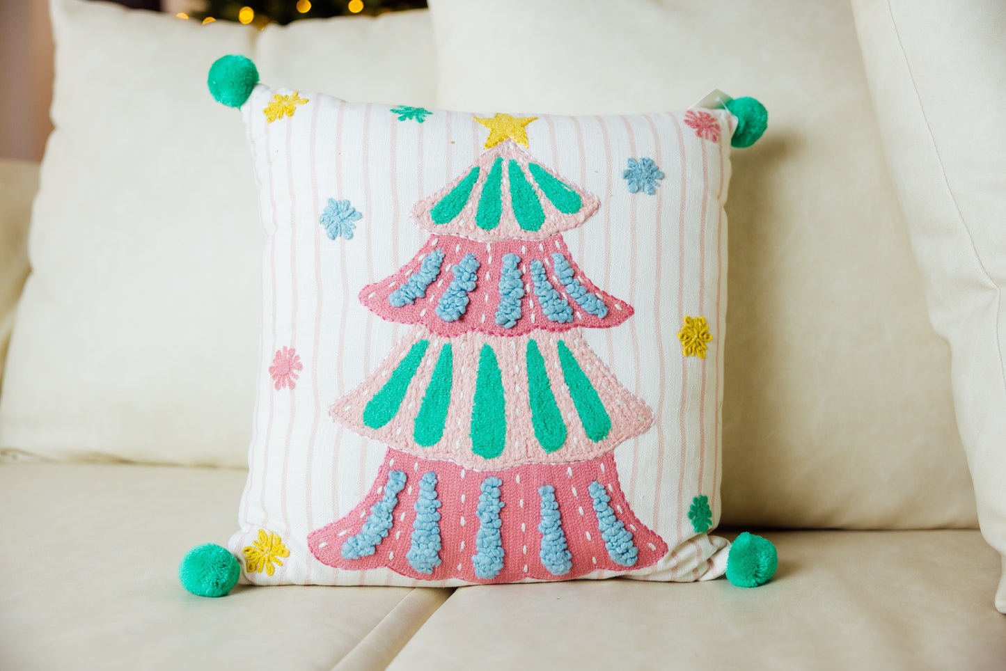 Holiday Brights Tree With Pompoms Pillow