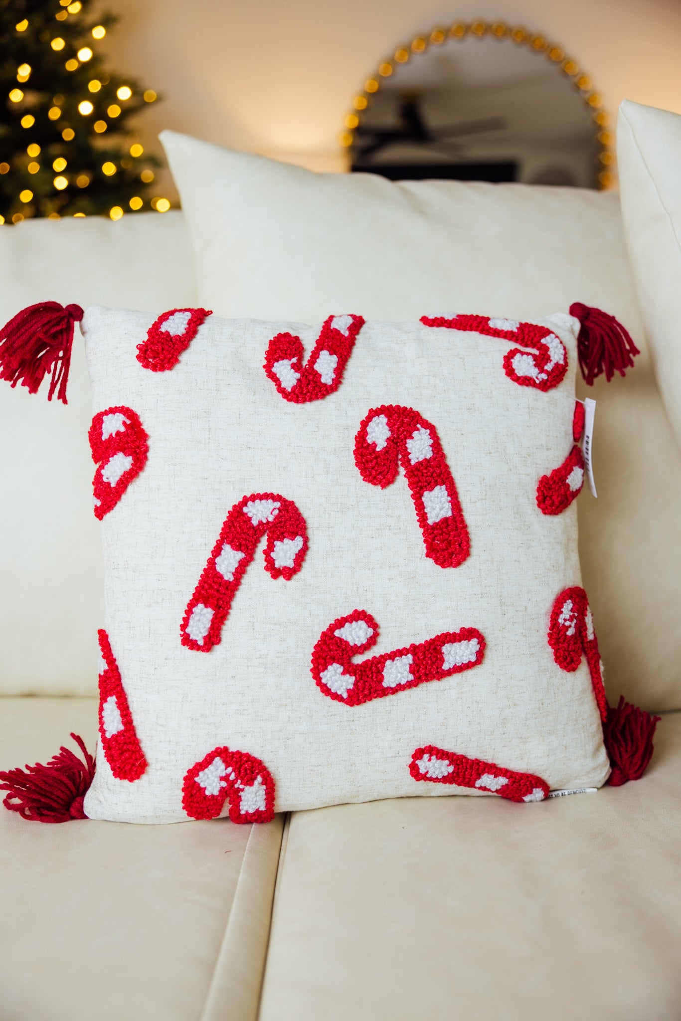 Candy Canes Tassels Tufted Pillow