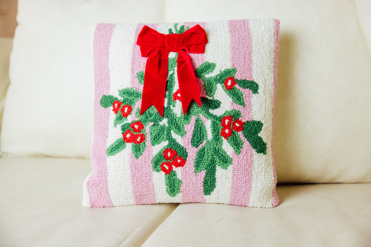 Pink Stripe Mistletoe With Ribbon Pillow