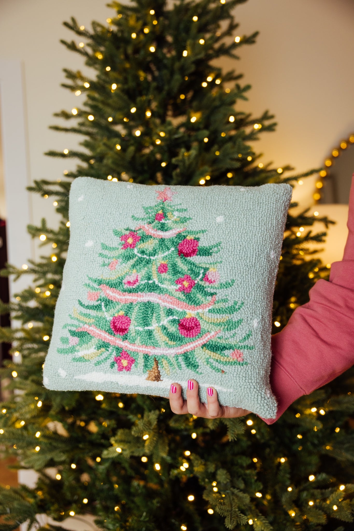 Pink & Green Christmas Tree Hook Pillow