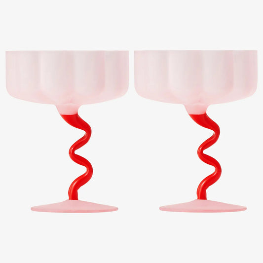 Frosted Pink with Red Coupe Cocktail Glasses (set of 2)