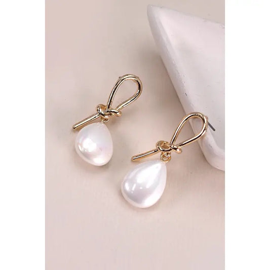 Gold Knot Pearl Drop Earrings