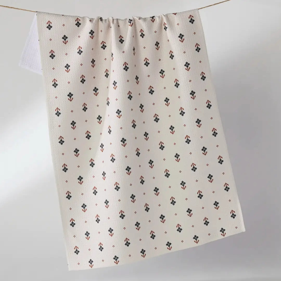 Folk Pixel White Tea Towel
