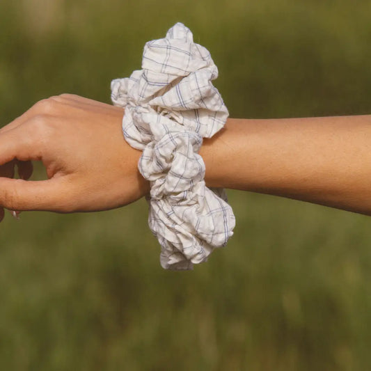 Creamy Blue Grid Jumbo Scrunchie
