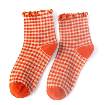 Ruffle Trim Plaid Cotton Ankle Socks