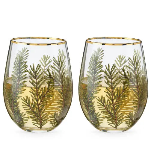 Gold-Rimmed Woodland Stemless Wine Glasses