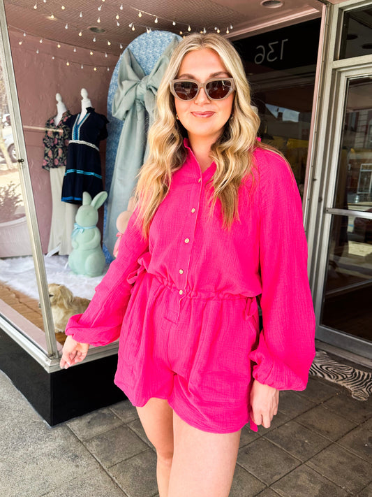 Pink Gauze Button Up Romper