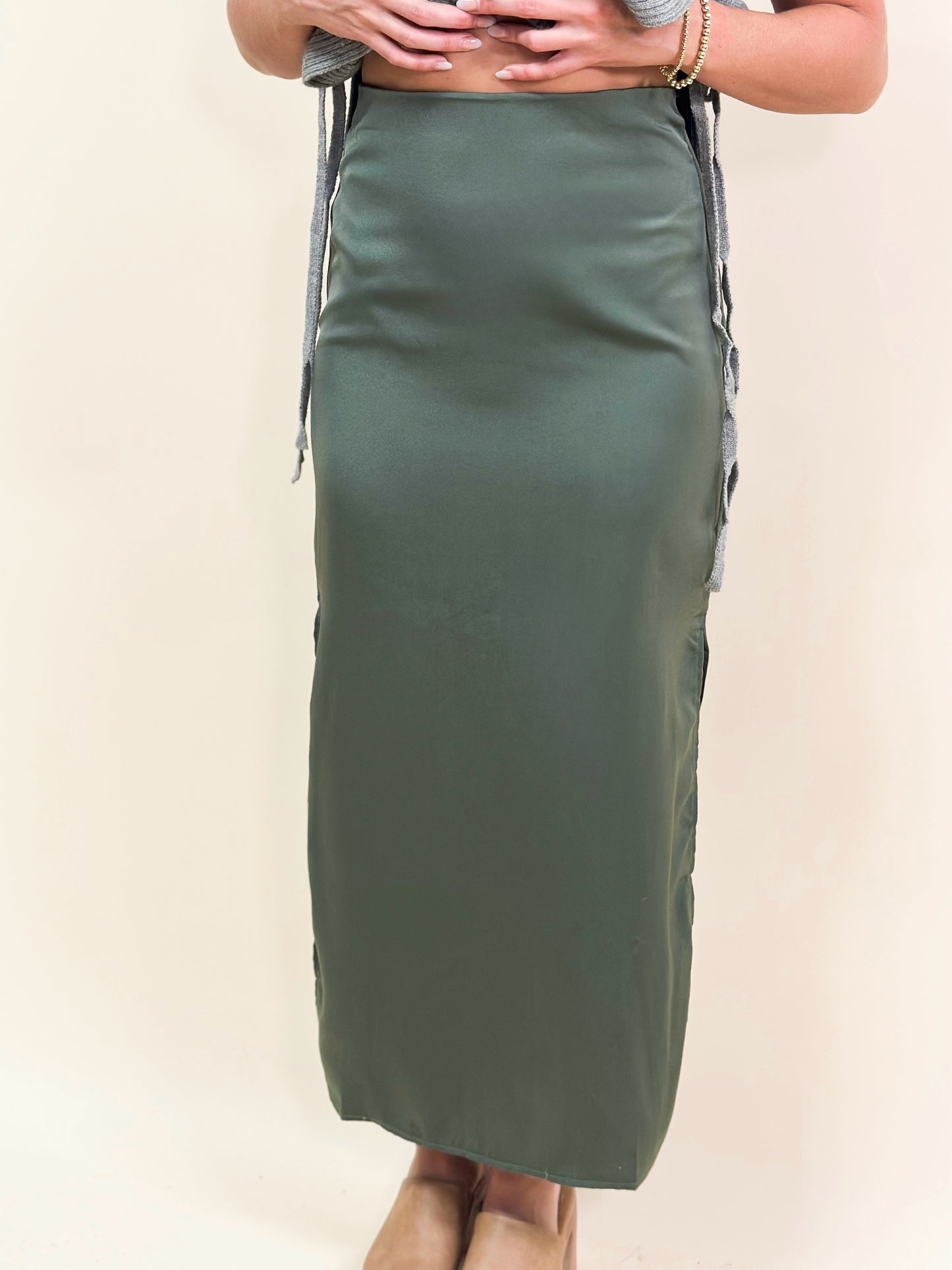 Olive Satin Side Slit Skirt