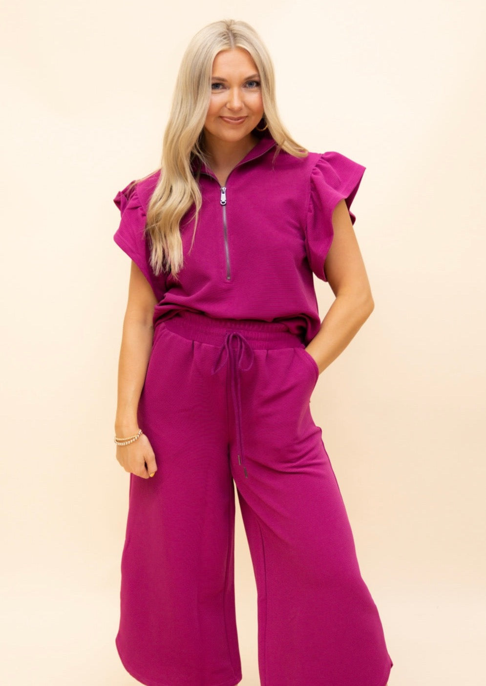 Magenta Ribbed Ruffle Pant Set