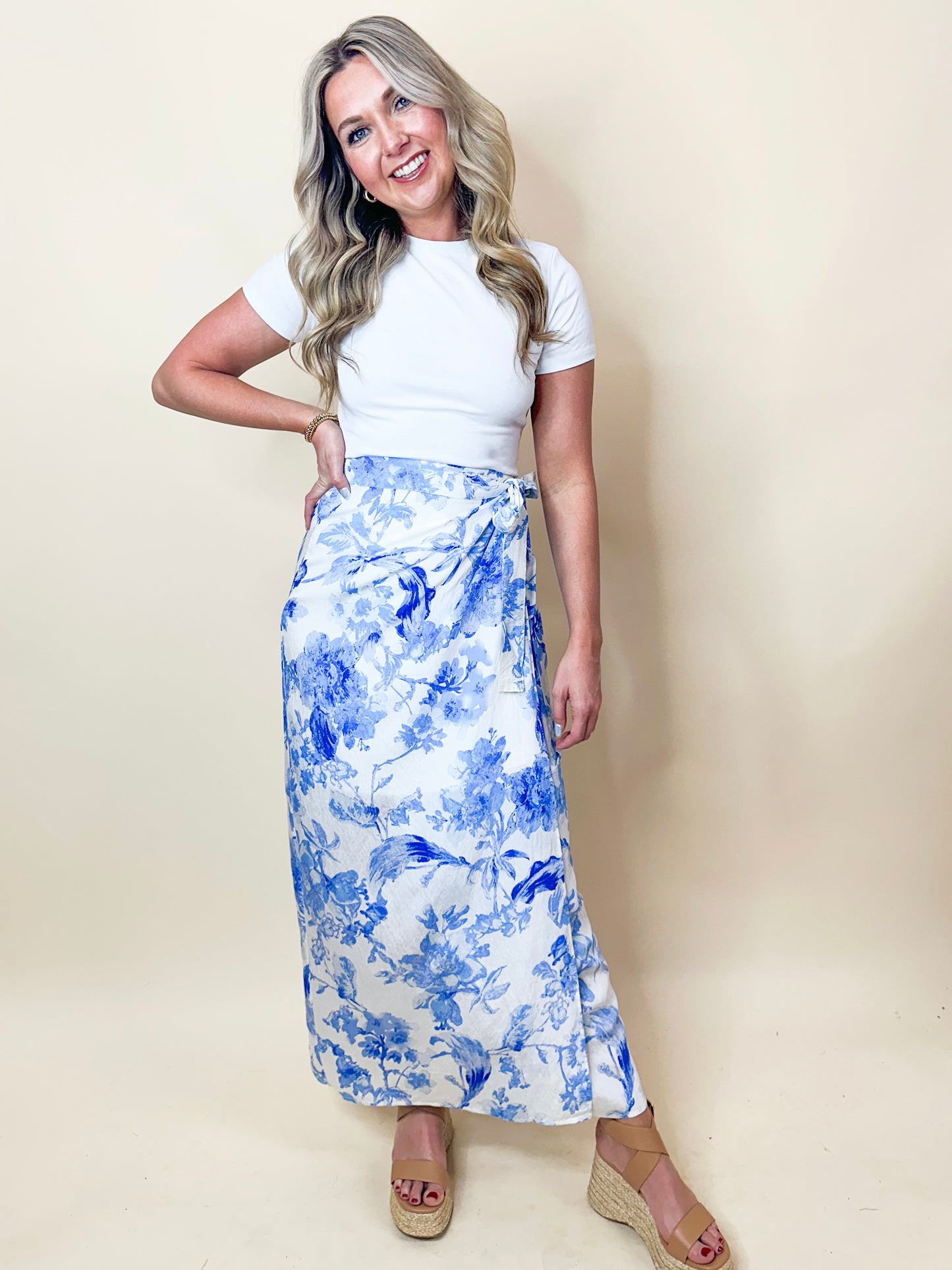 Blue Floral Print Wrap Maxi Skirt