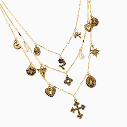 Layered Vintage Antique Cross Rose Necklace