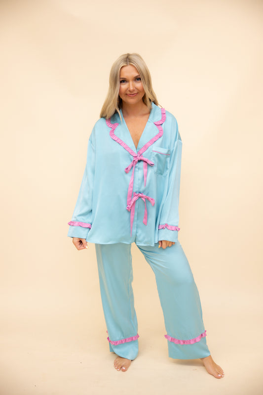 Teal Satin Ruffle Pajama Set