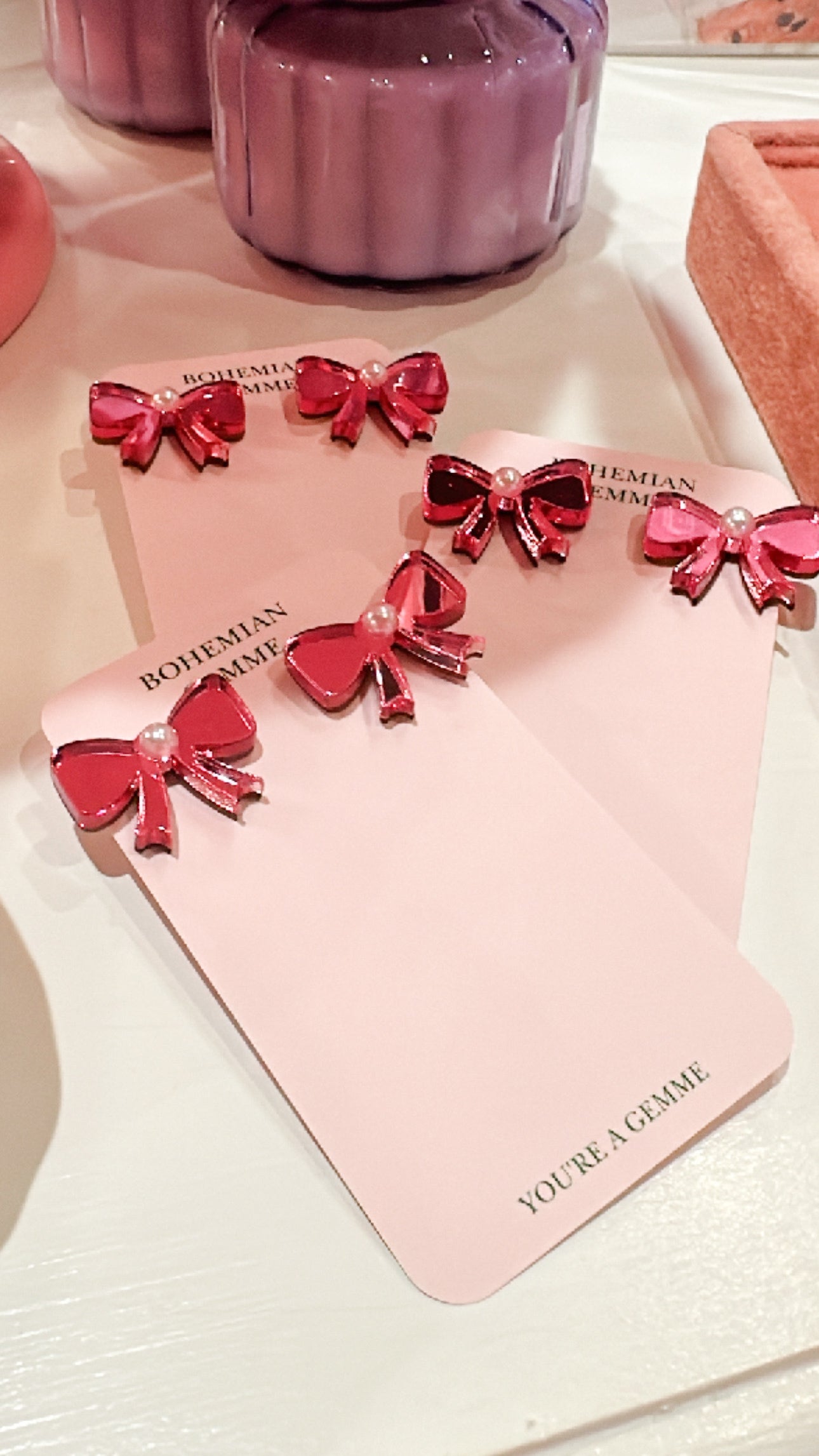 Pink Mirror Bow Stud Earrings