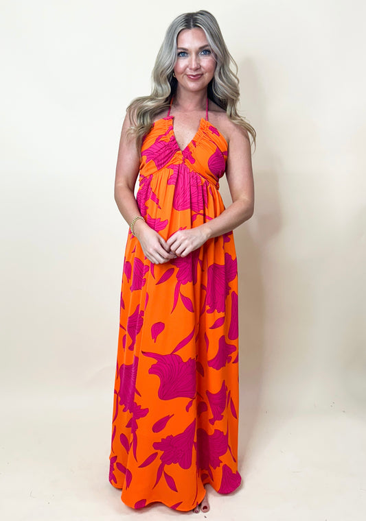Orange Pink Floral Maxi Dress