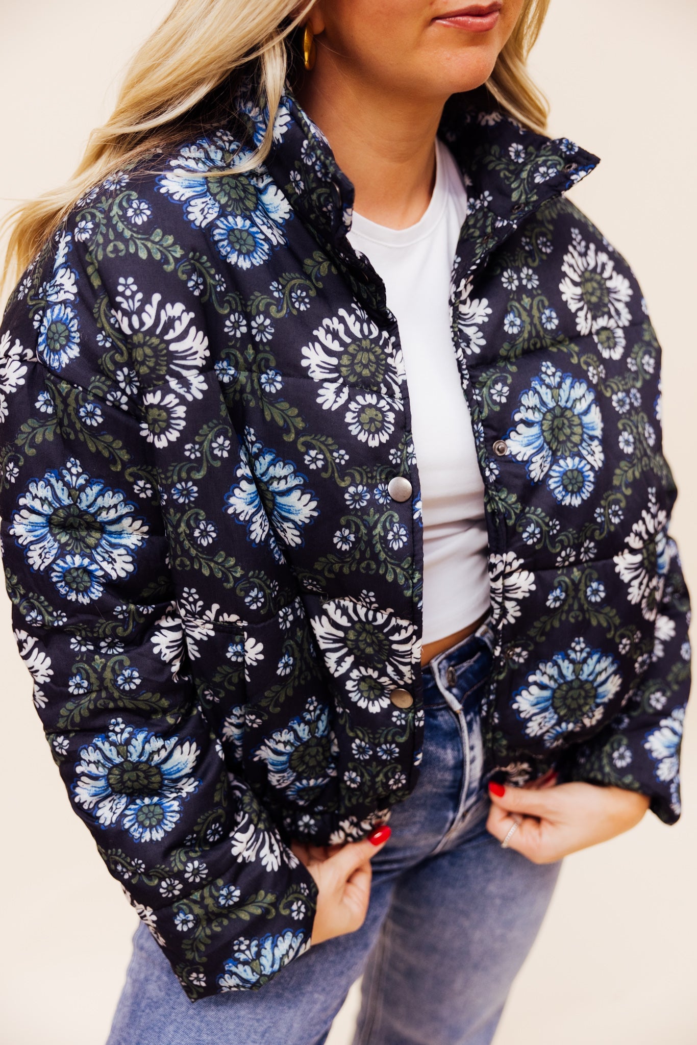 Navy Green Floral Puffer Jacket