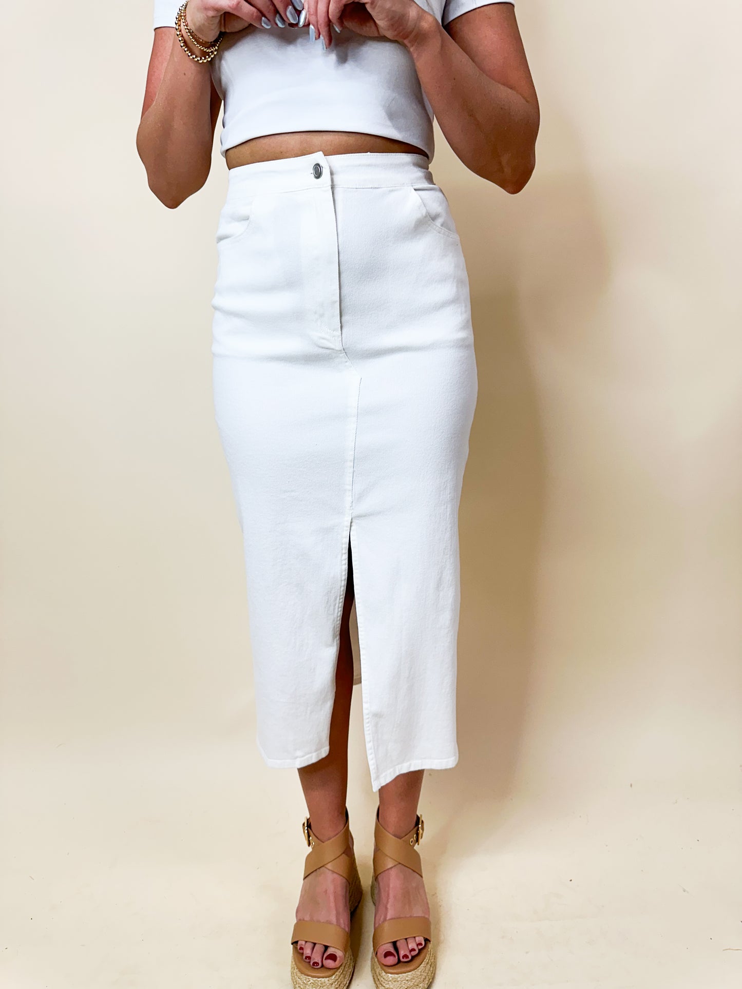 White Denim Split Midi Skirt