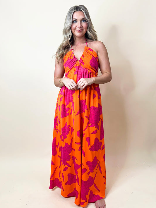 Orange Pink Floral Maxi Dress