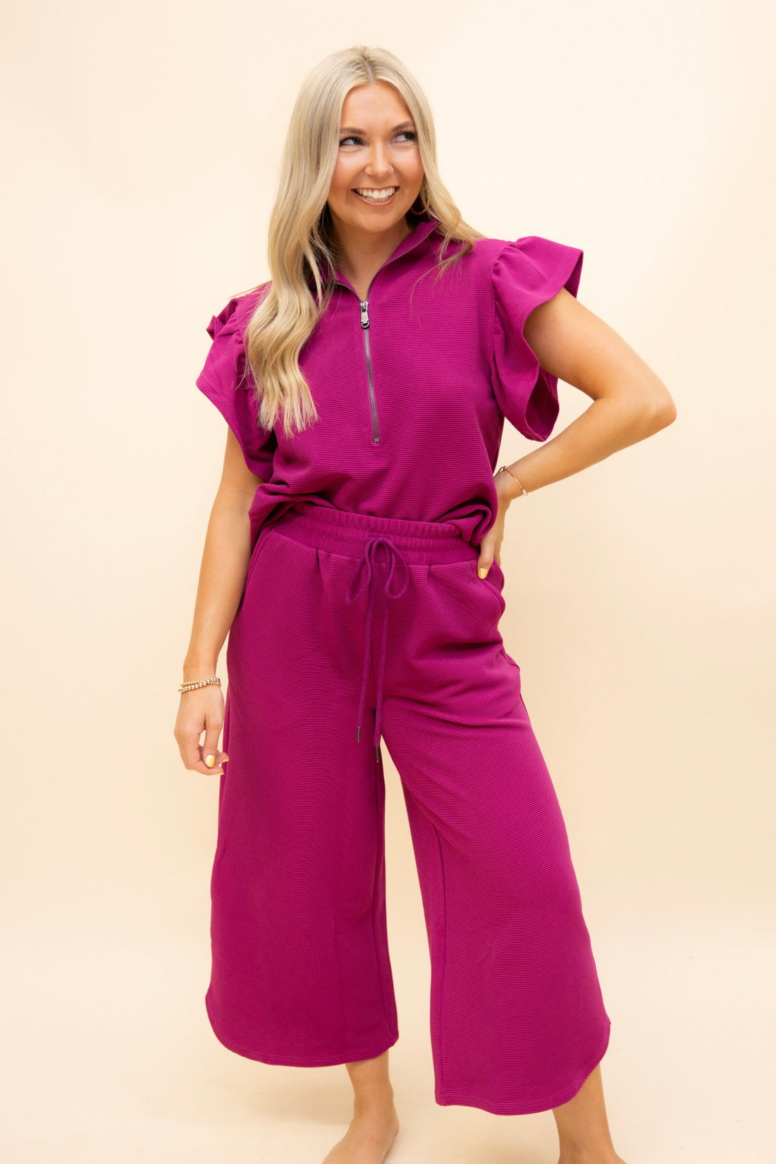 Magenta Ribbed Ruffle Pant Set