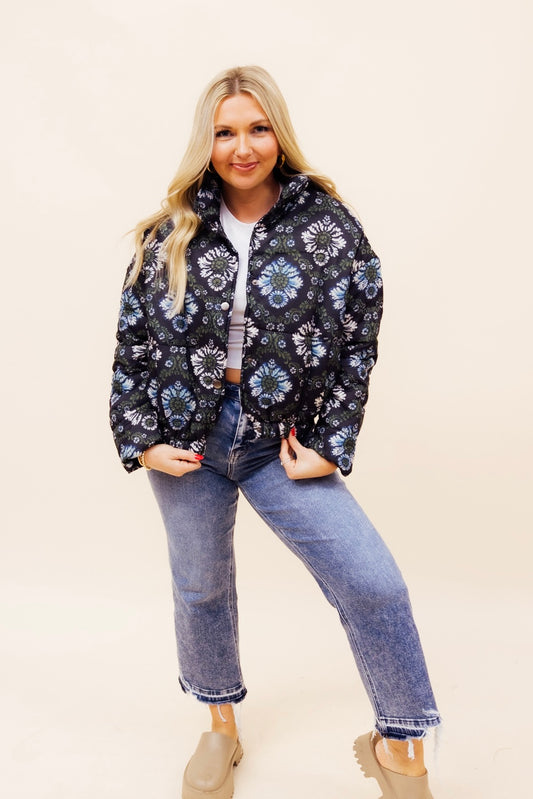 Navy Green Floral Puffer Jacket