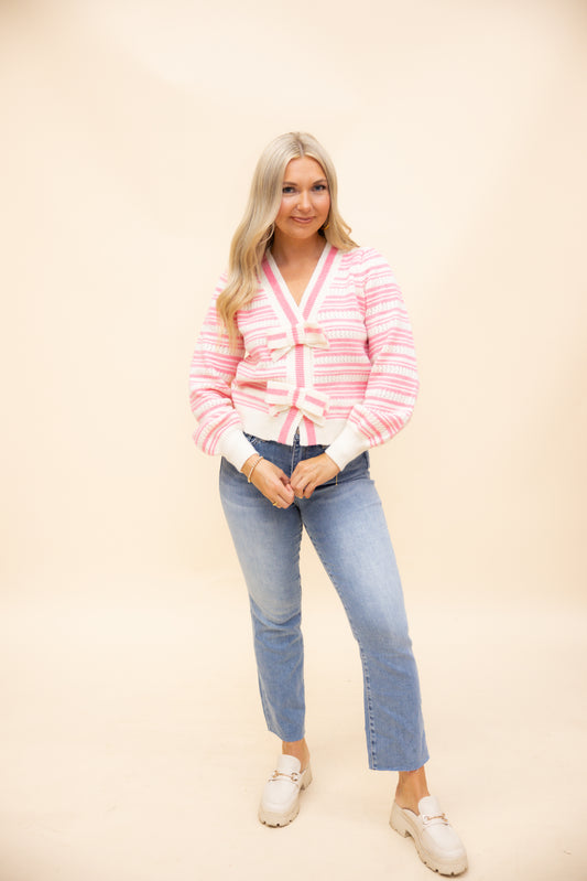 Pink Striped Bow Cardigan