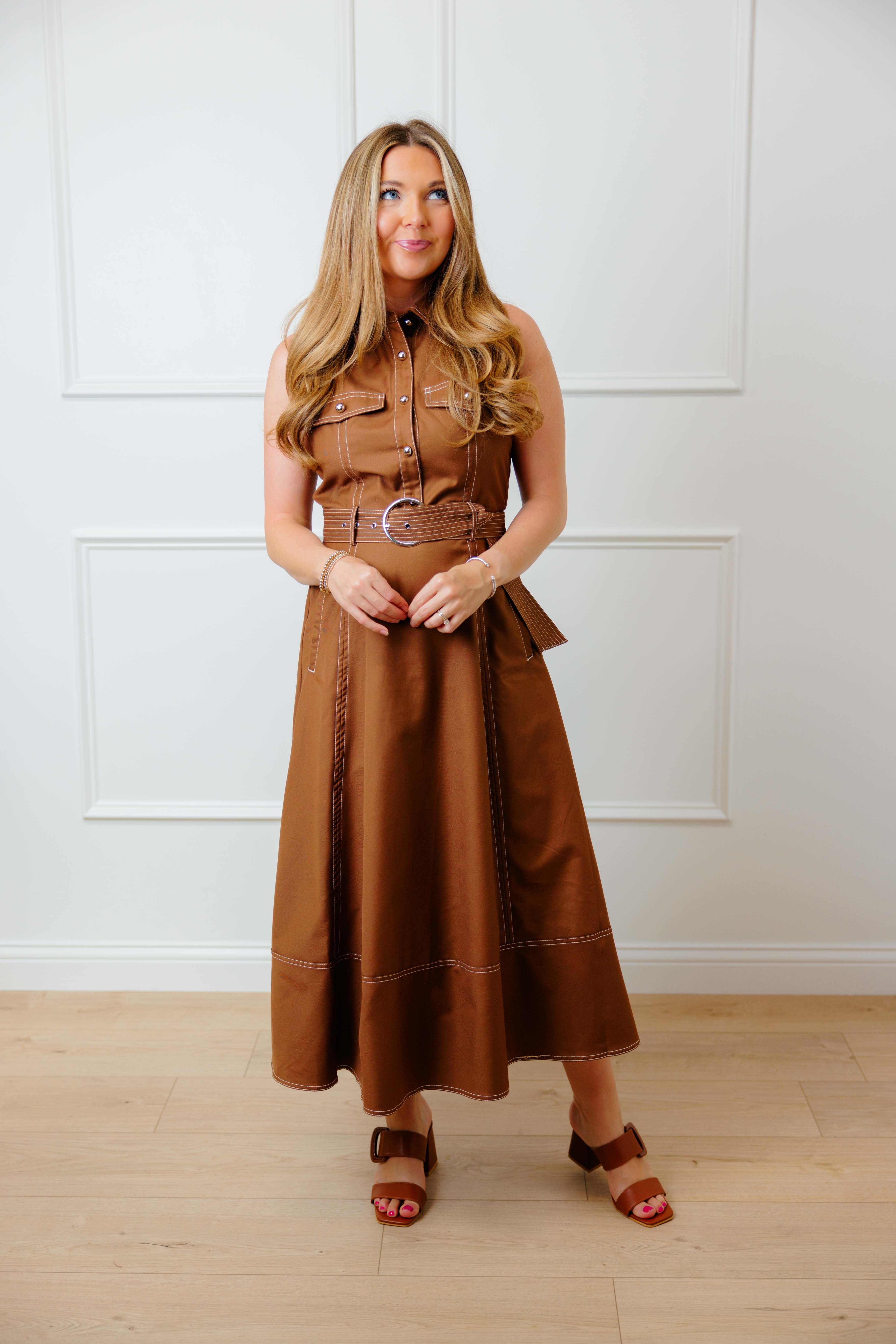 Brown Top Stitch Sleeveless Midi Dress