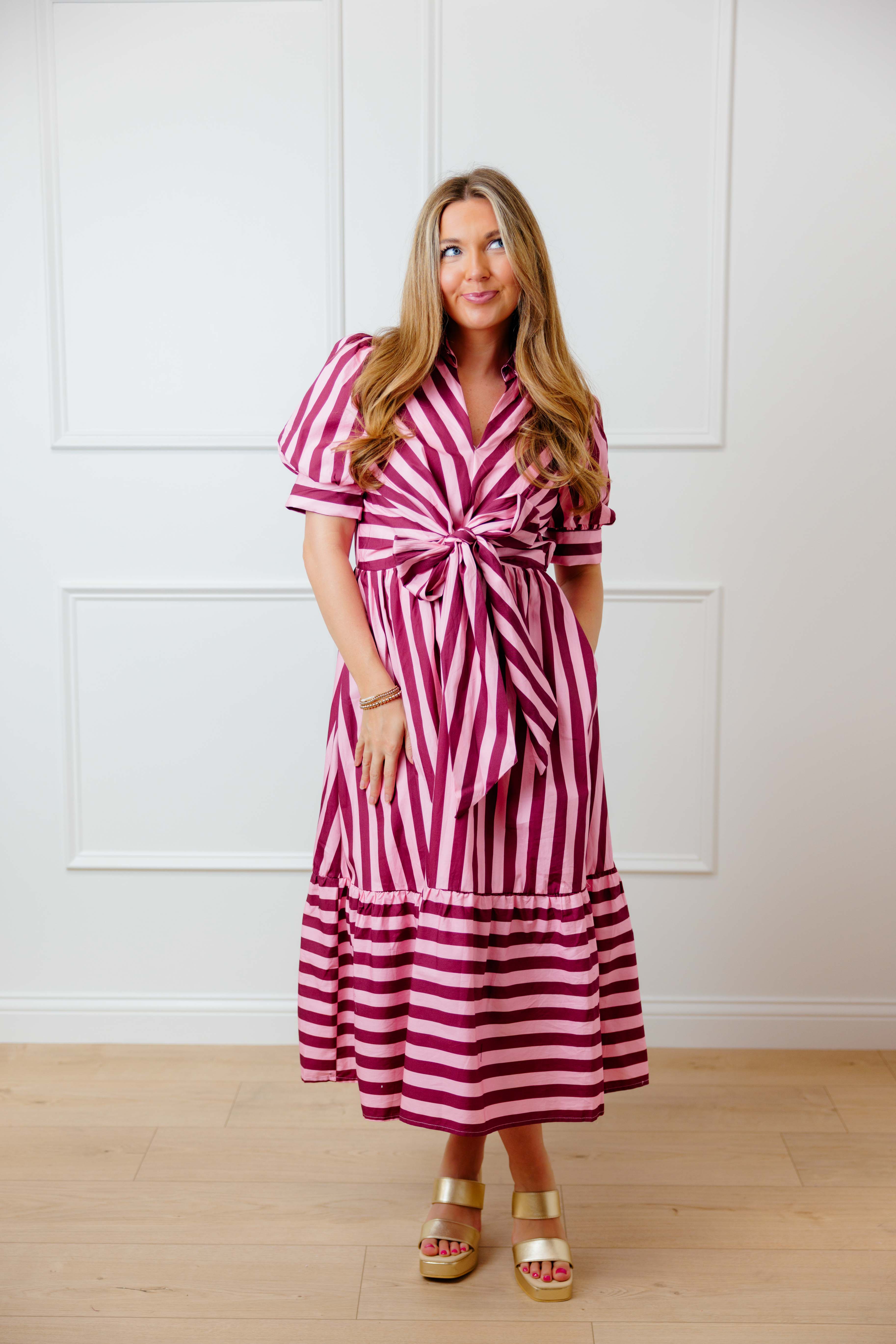 Pink Wine Striped Midi Dress