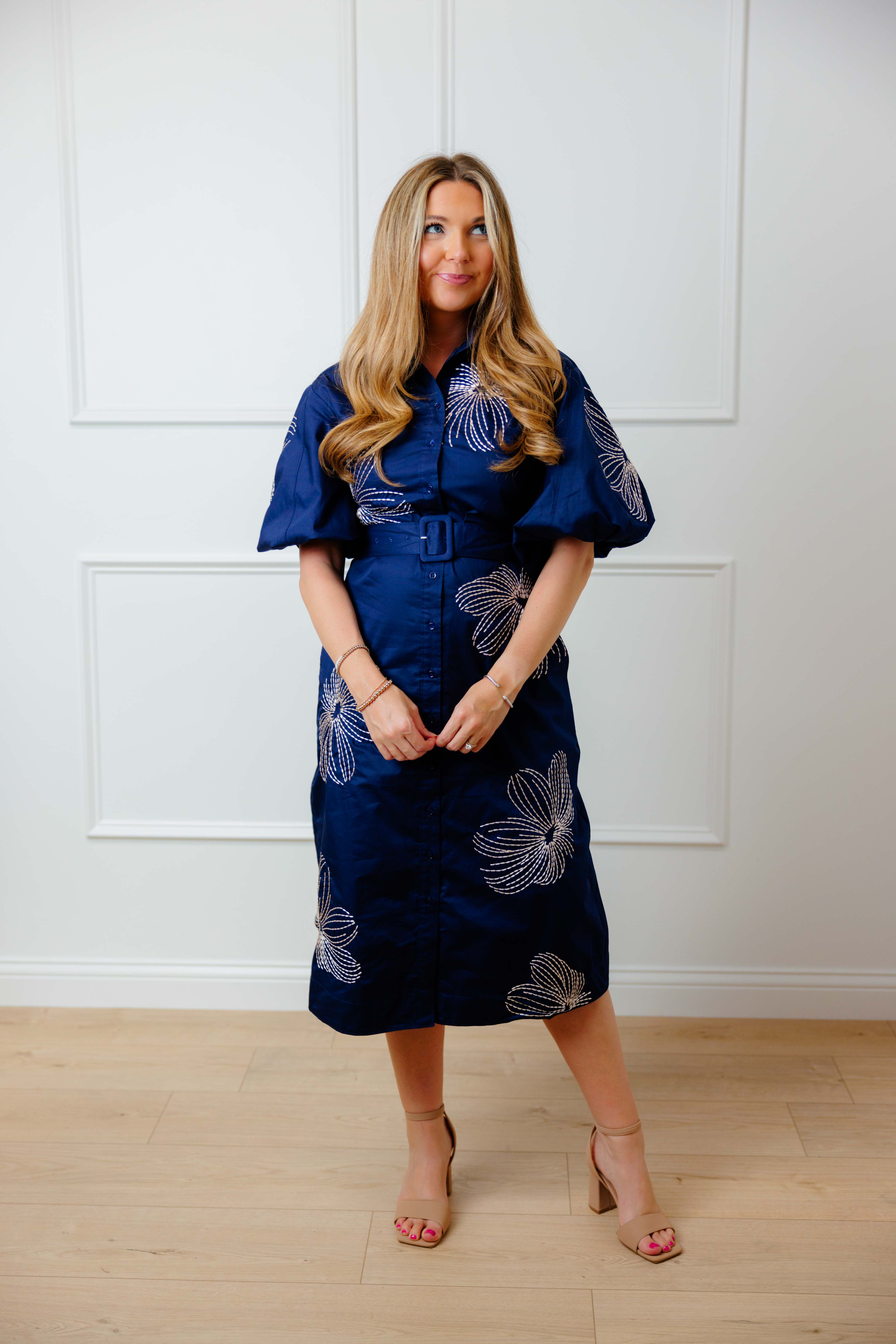 Navy Stitched Floral Belted Dress