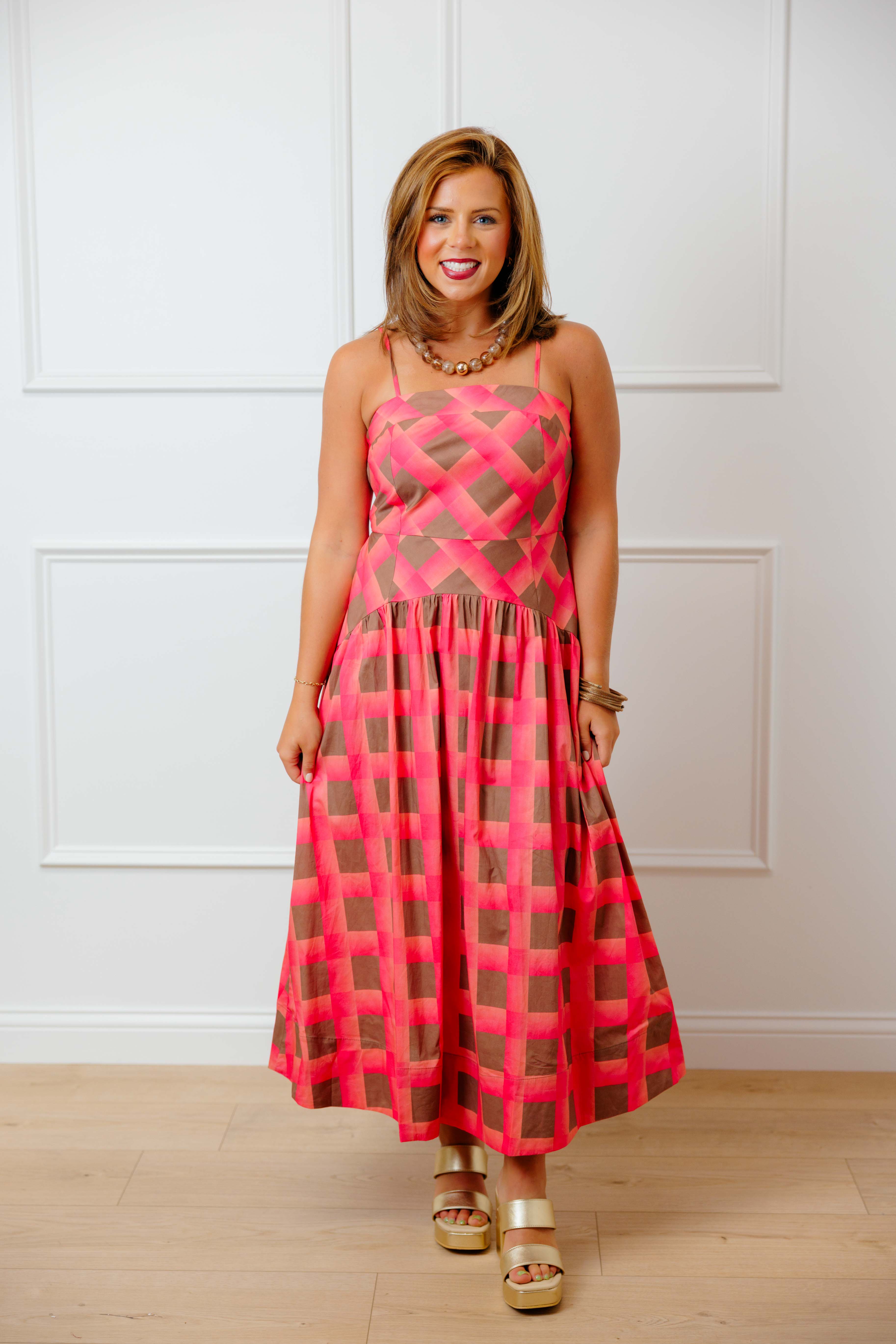 Coral Plaid Midi Dress