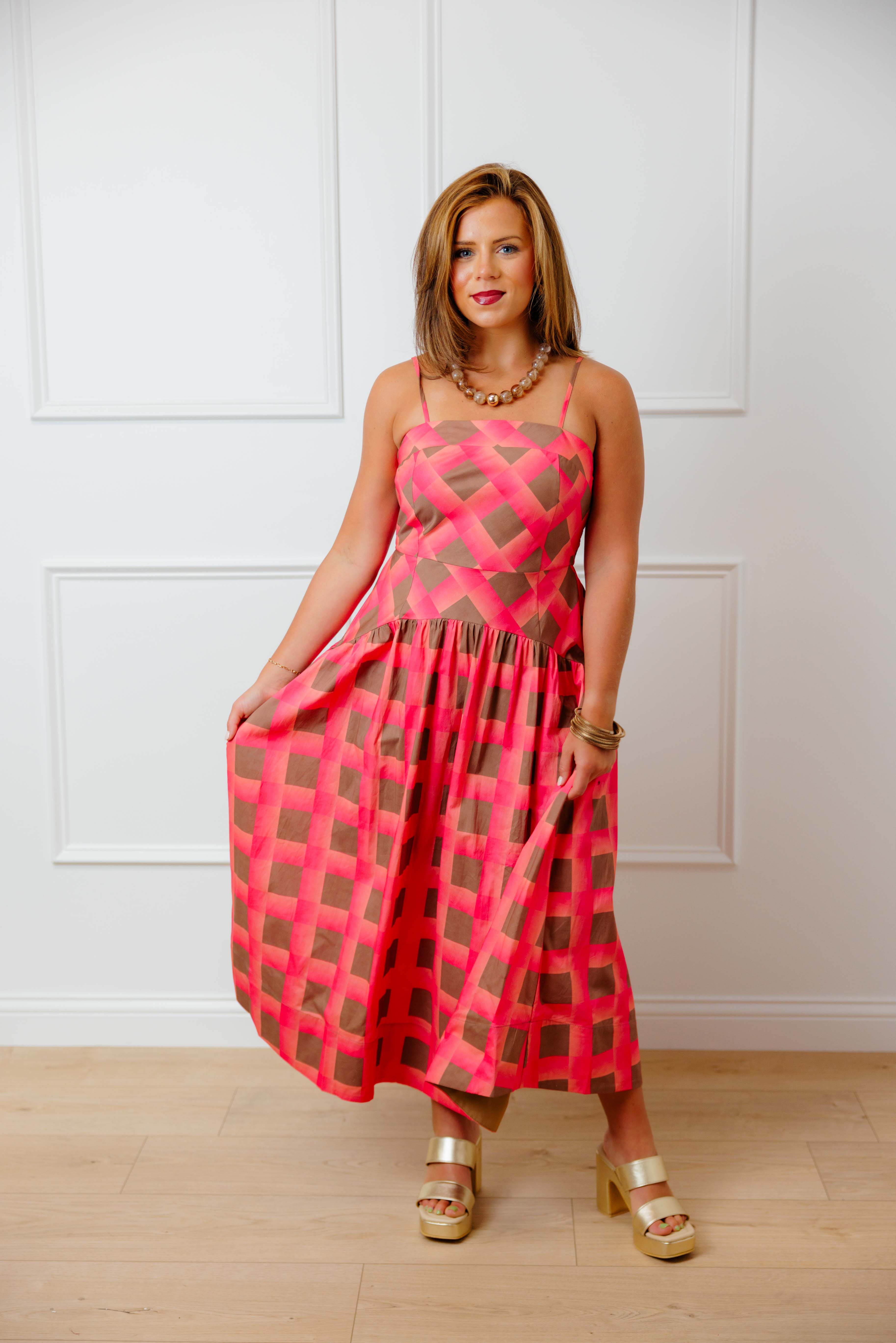 Coral Plaid Midi Dress