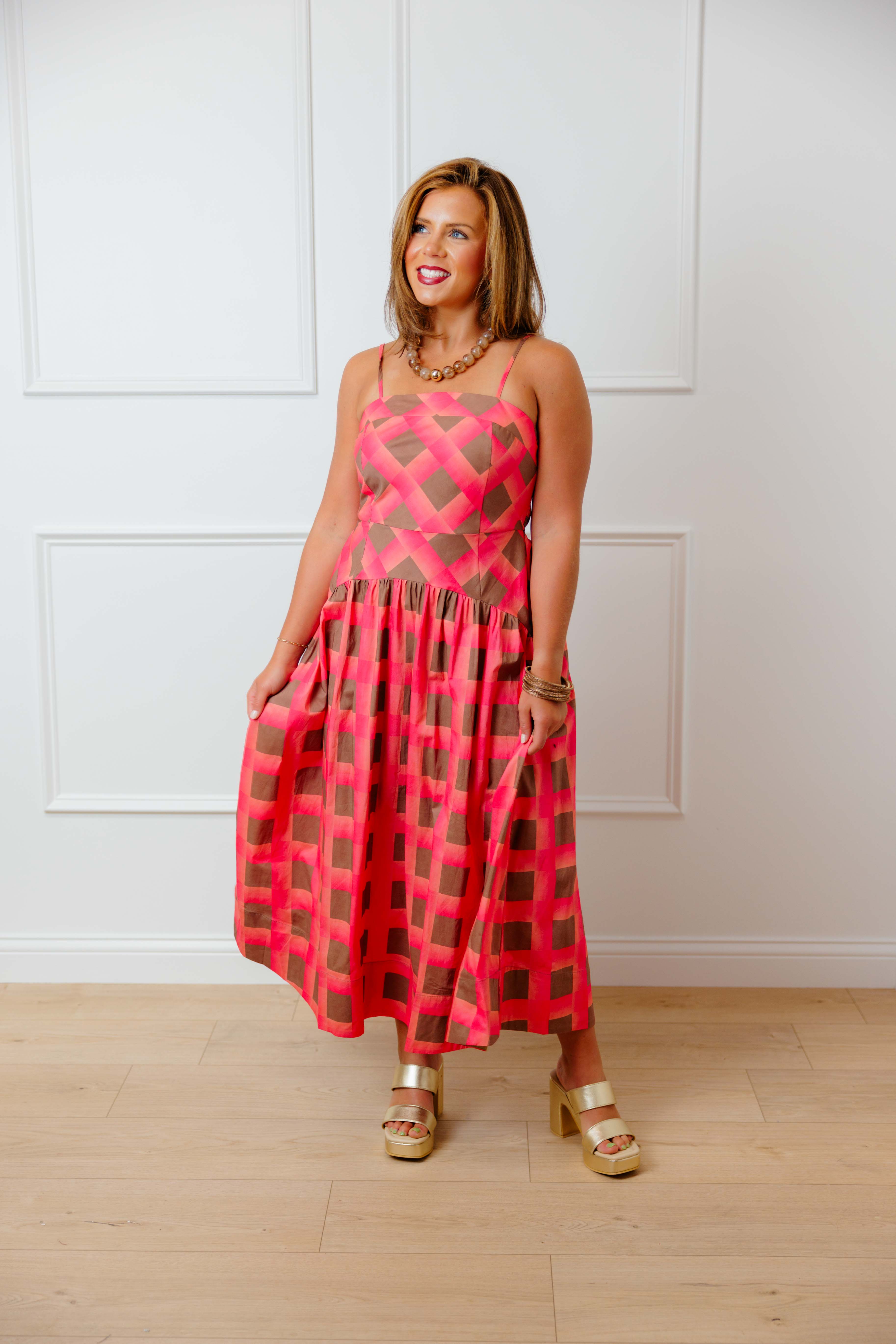Coral Plaid Midi Dress