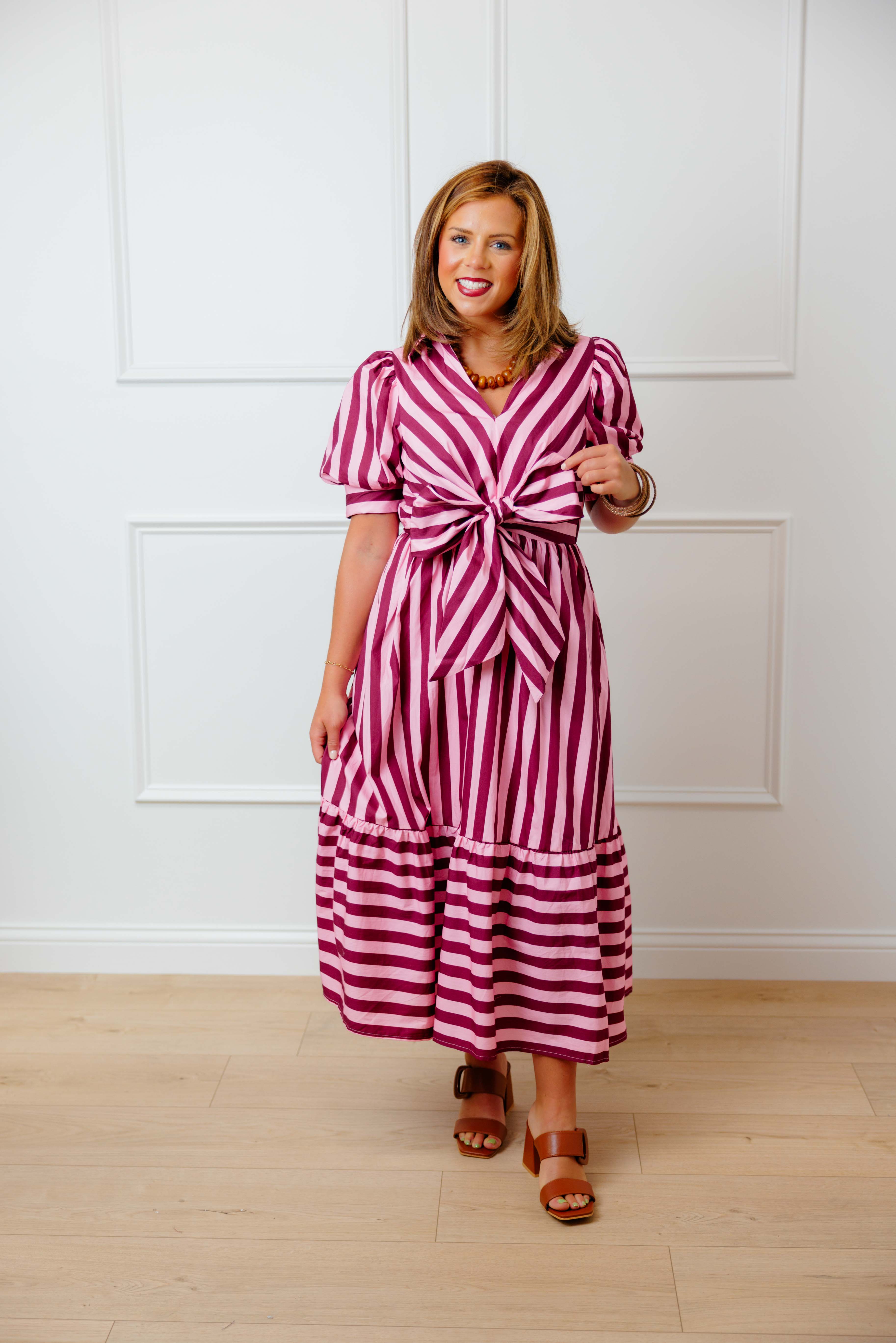 Pink Wine Striped Midi Dress