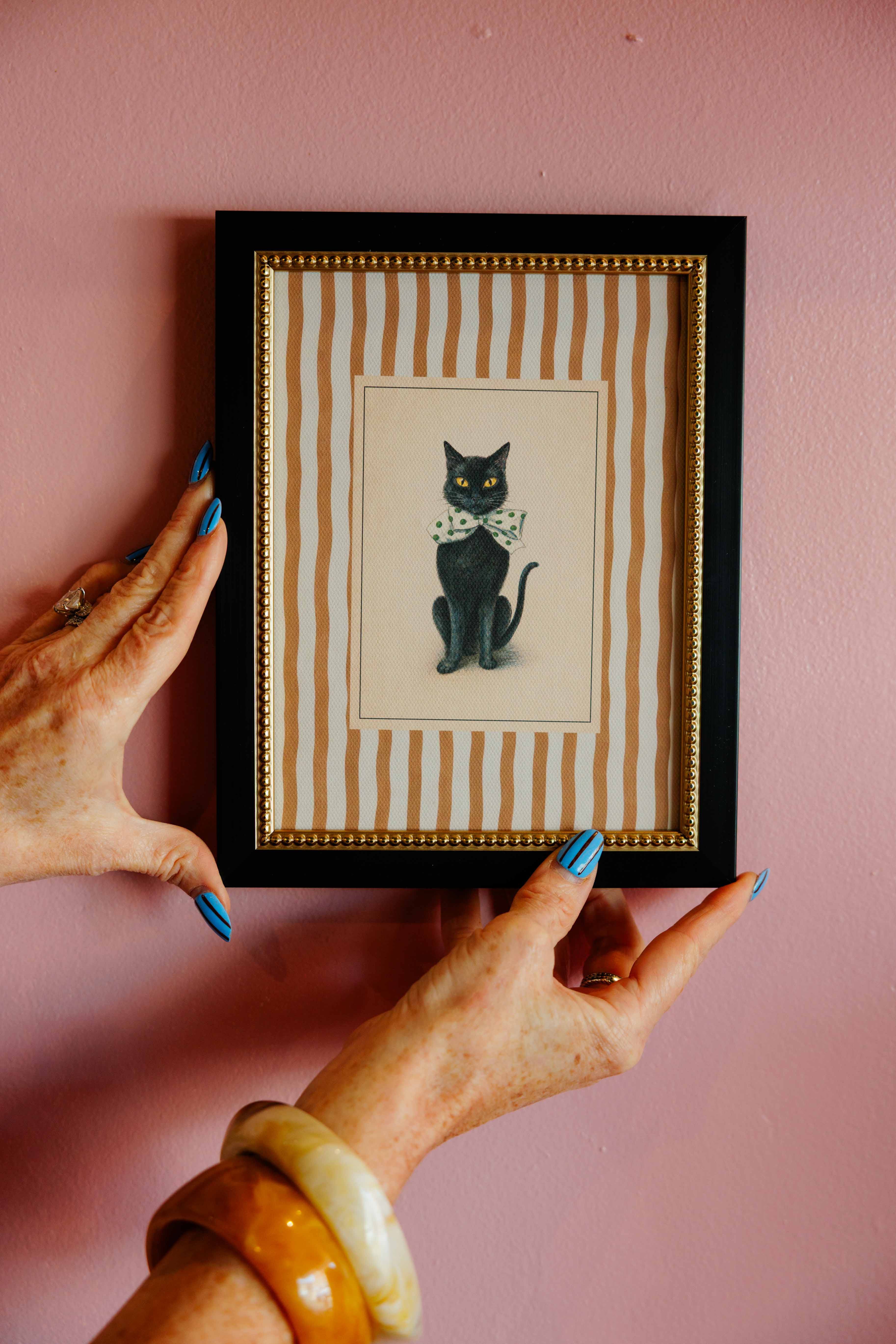 Black Cat On Stripes Framed Art