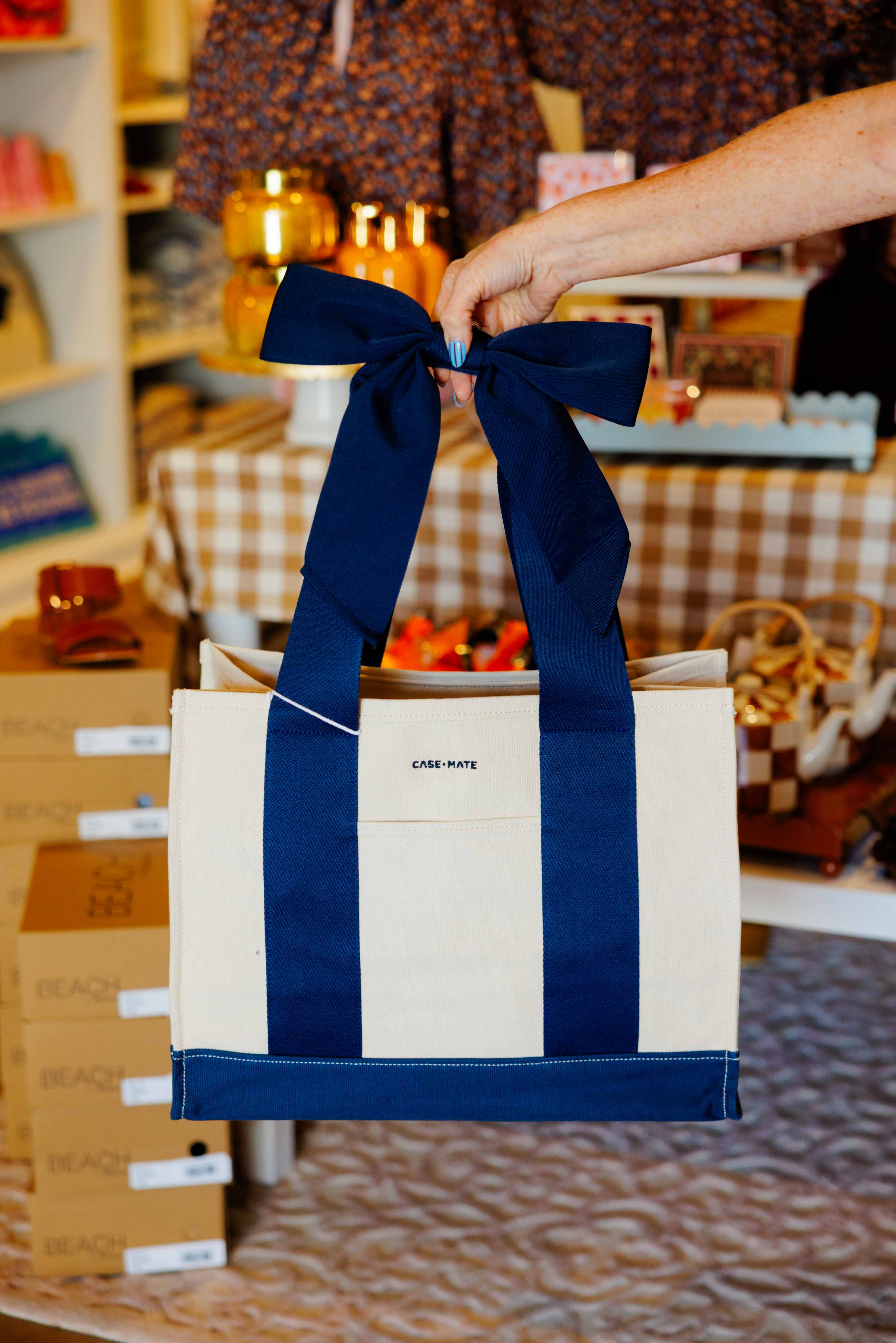 Navy Bow Canvas Tote