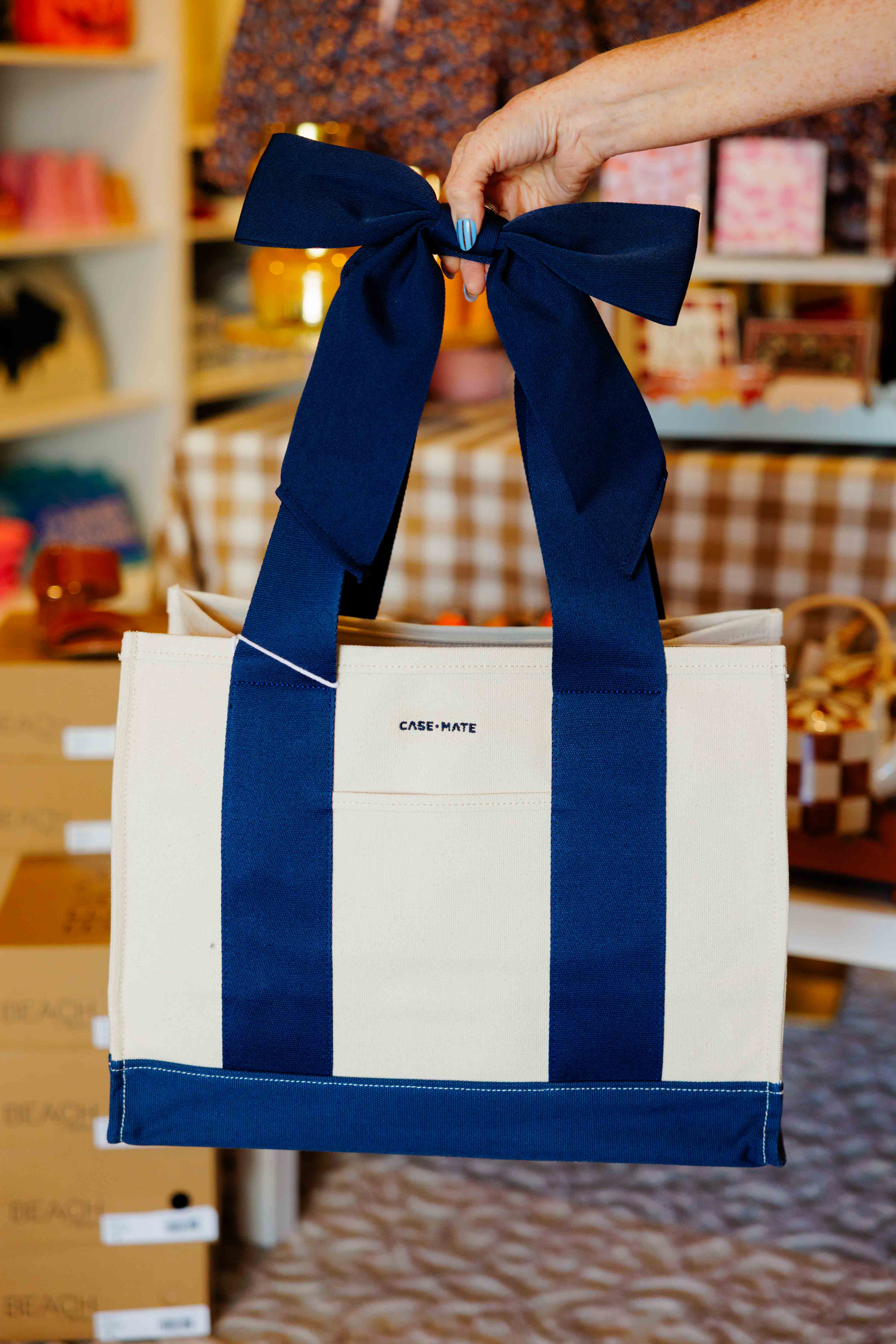 Navy Bow Canvas Tote