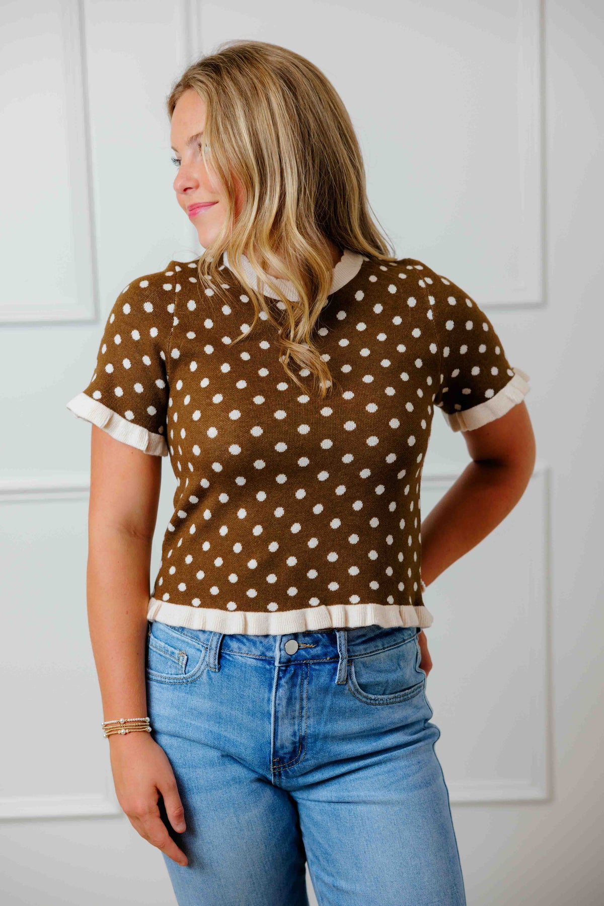 Brown Polka Dot Knit Top