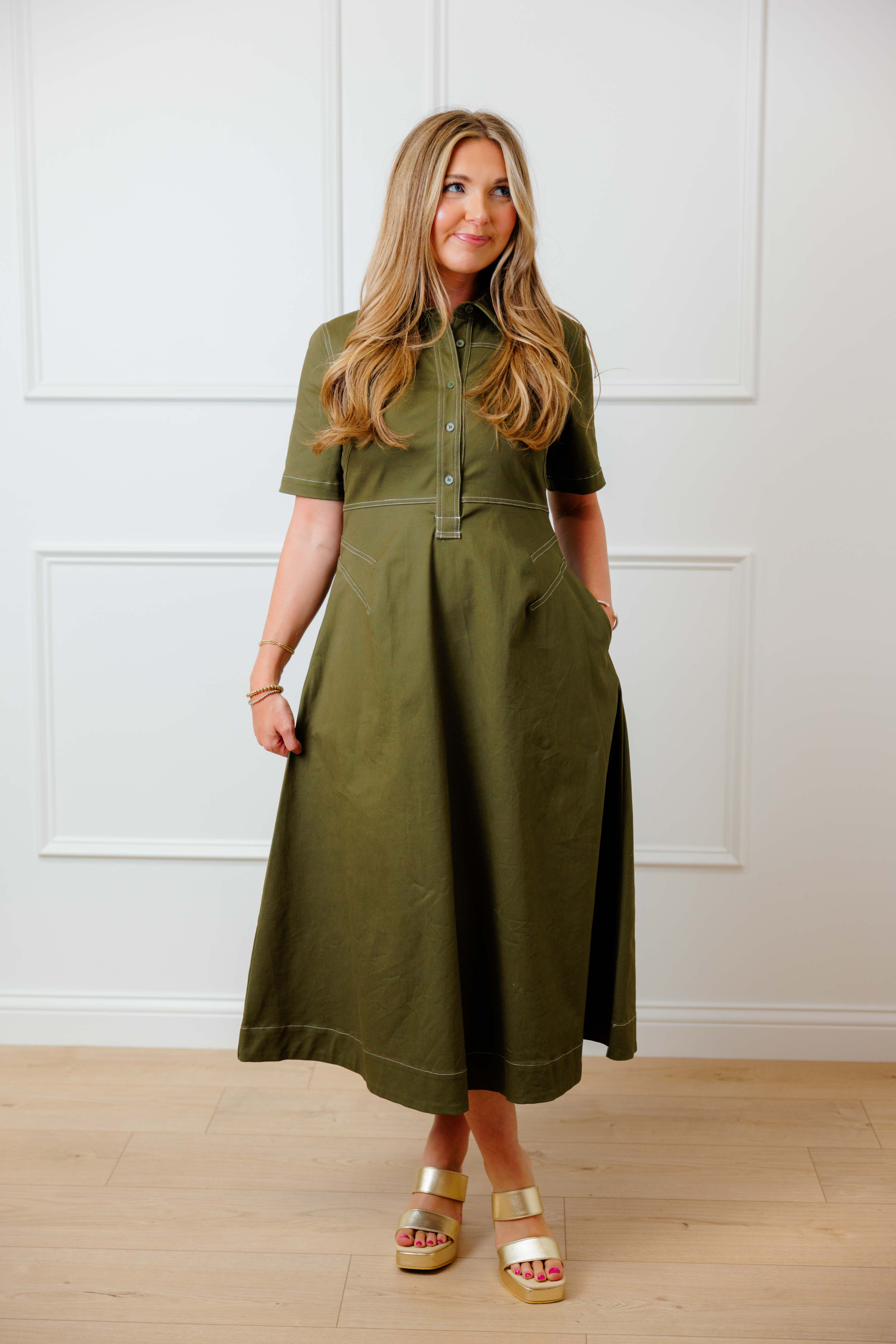 Olive Stitch Midi Dress