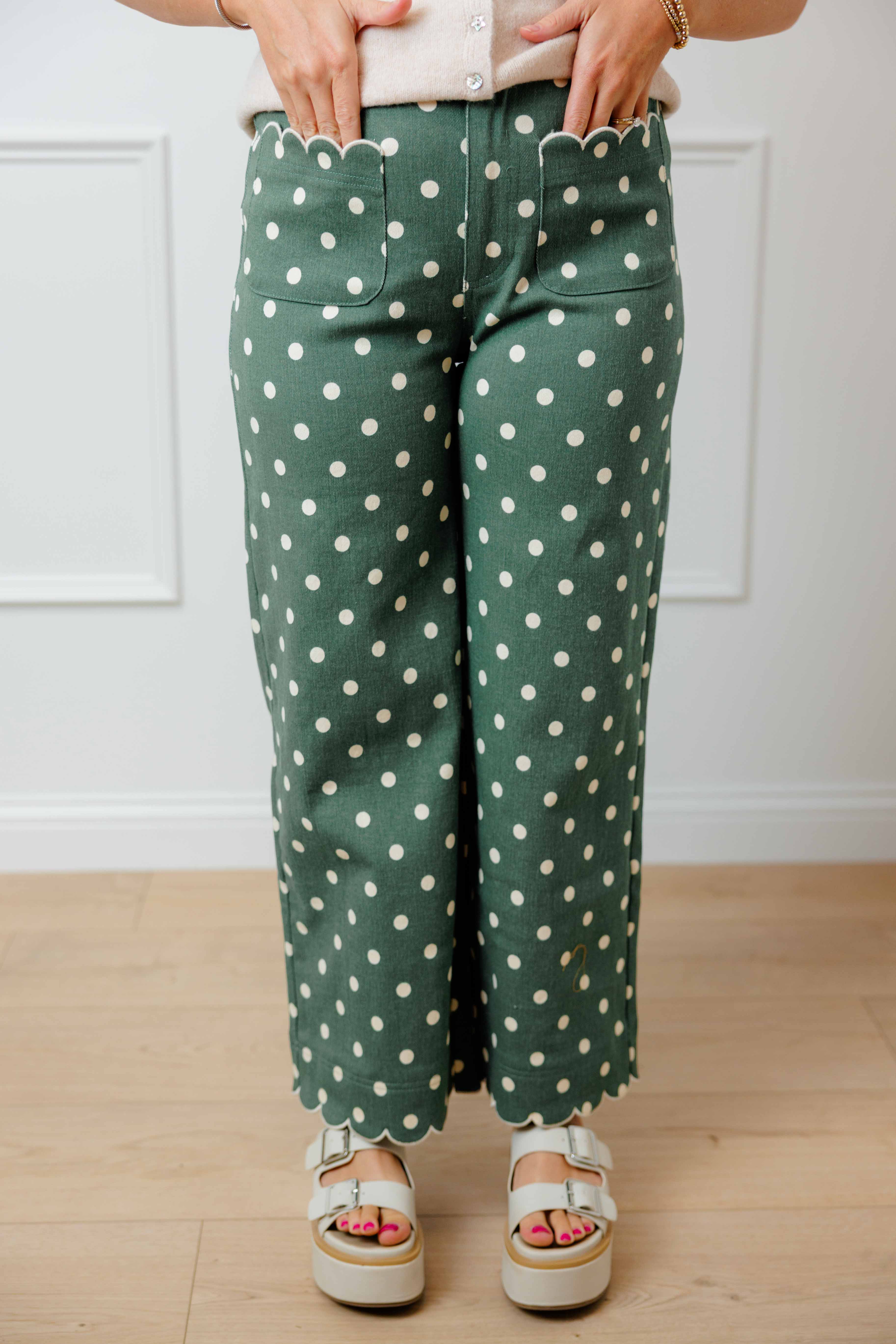 Olive Dot Scallop Pants