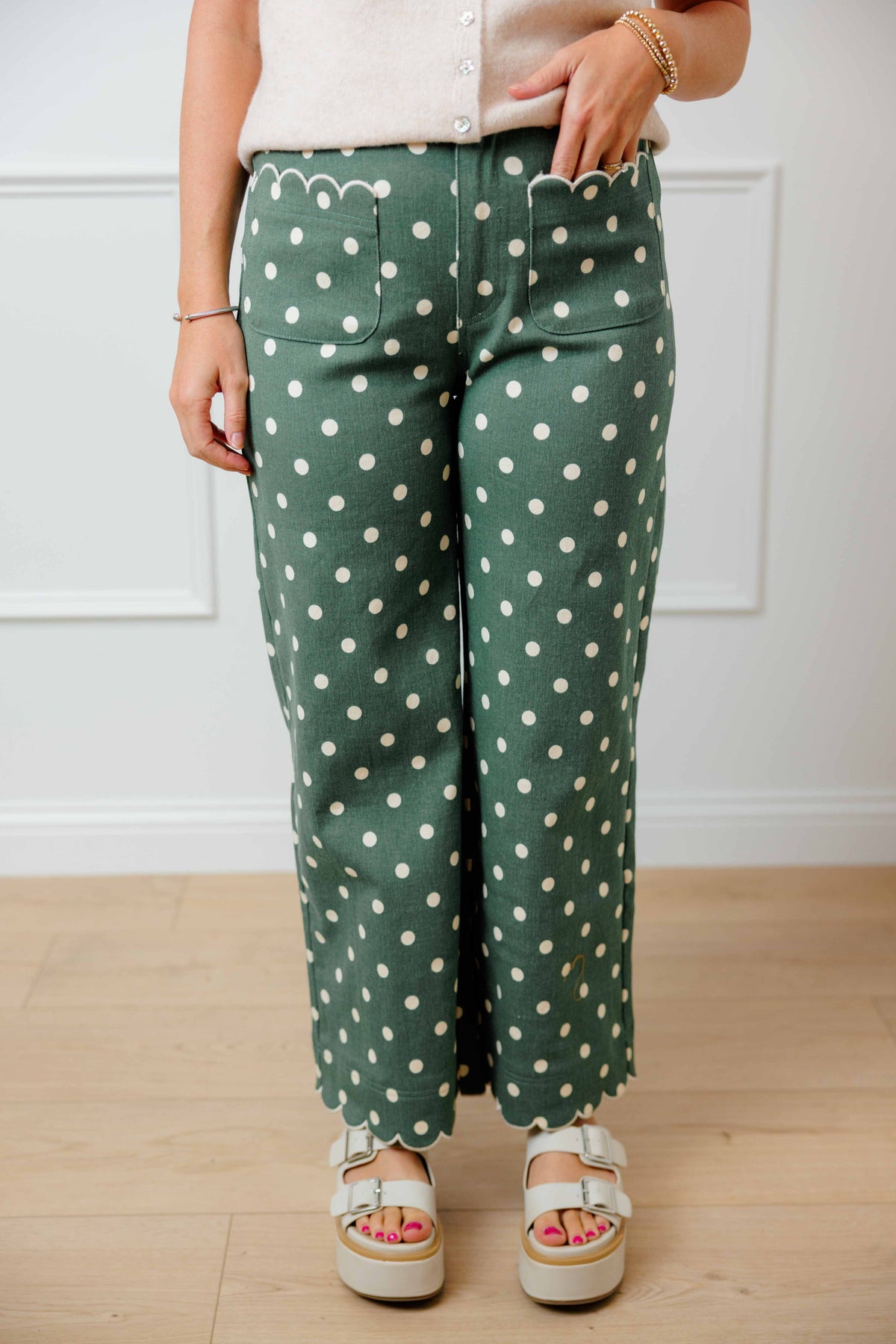 Olive Dot Scallop Pants