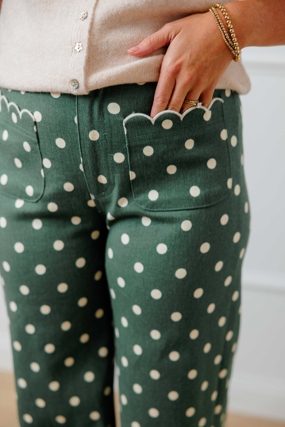 Olive Dot Scallop Pants