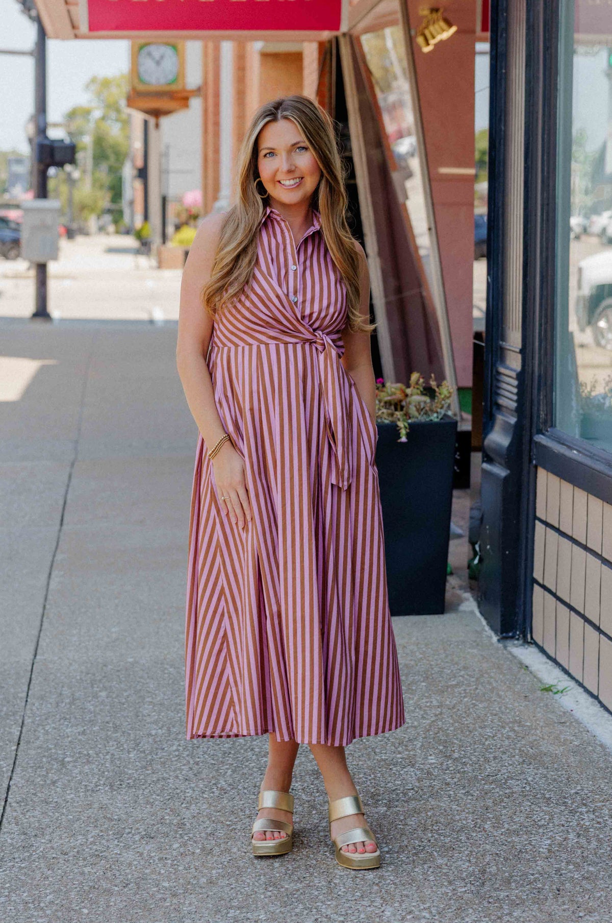 Camel Pink Striped Midi Dress