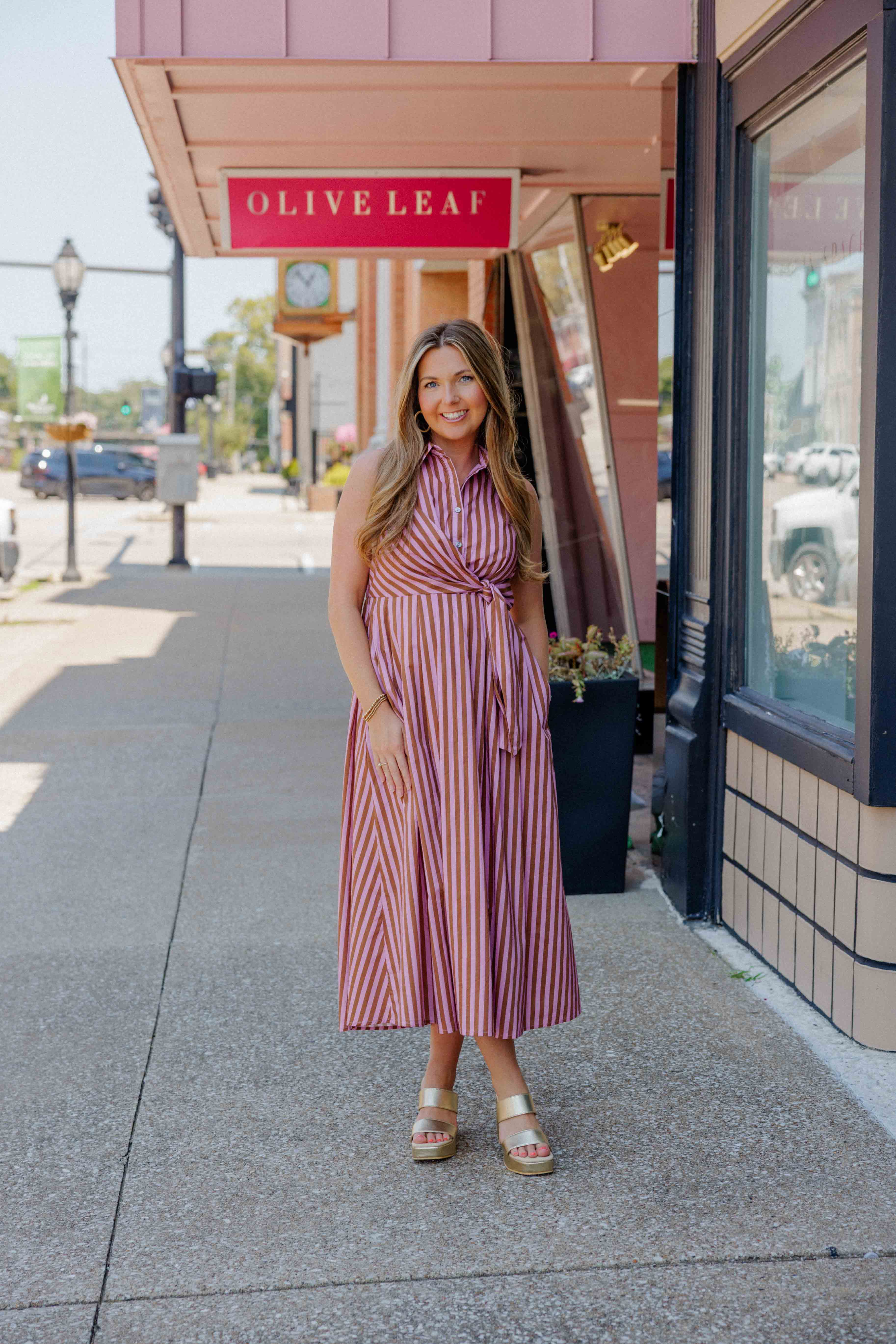 Camel Pink Striped Midi Dress