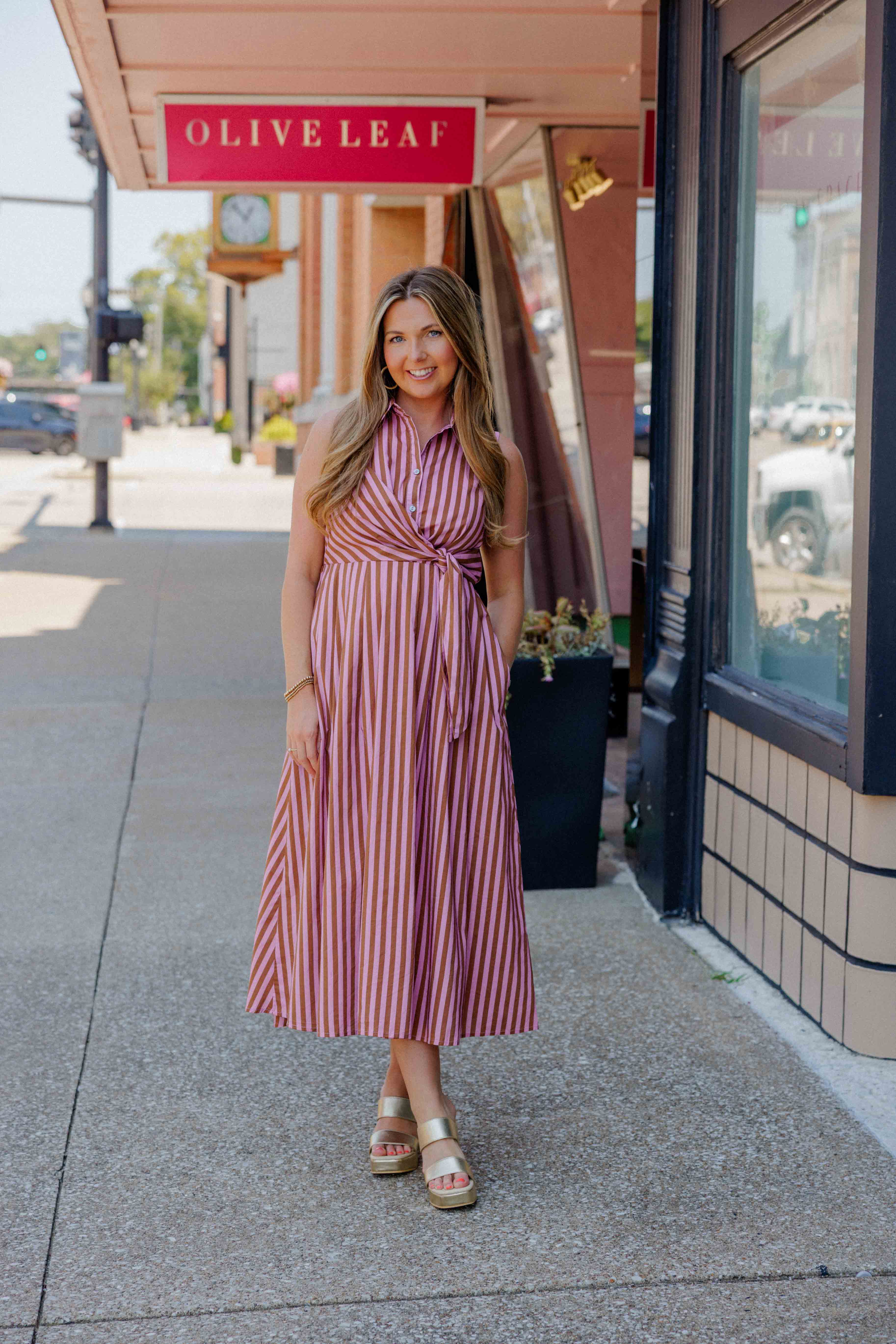 Camel Pink Striped Midi Dress
