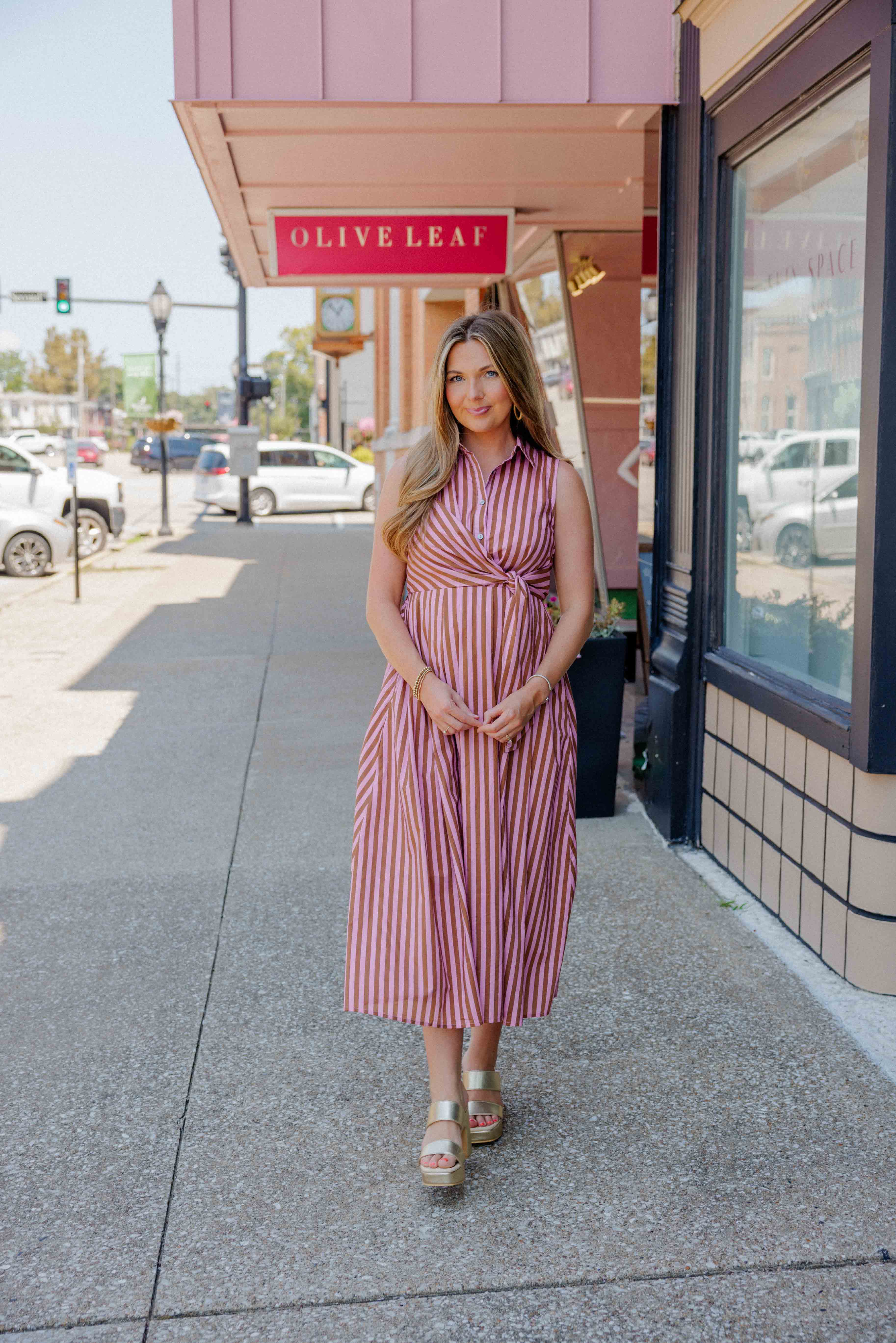 Camel Pink Striped Midi Dress