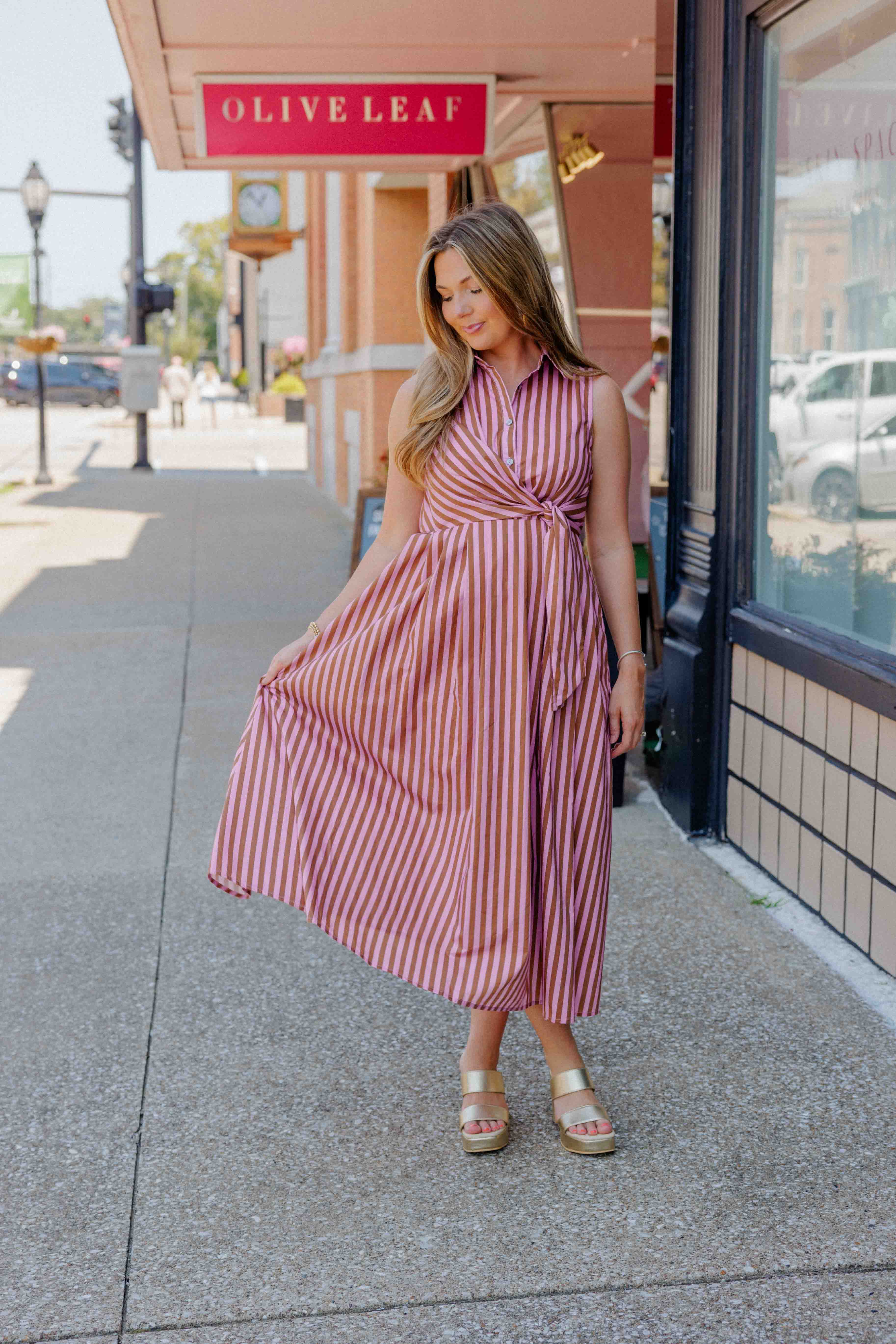 Camel Pink Striped Midi Dress