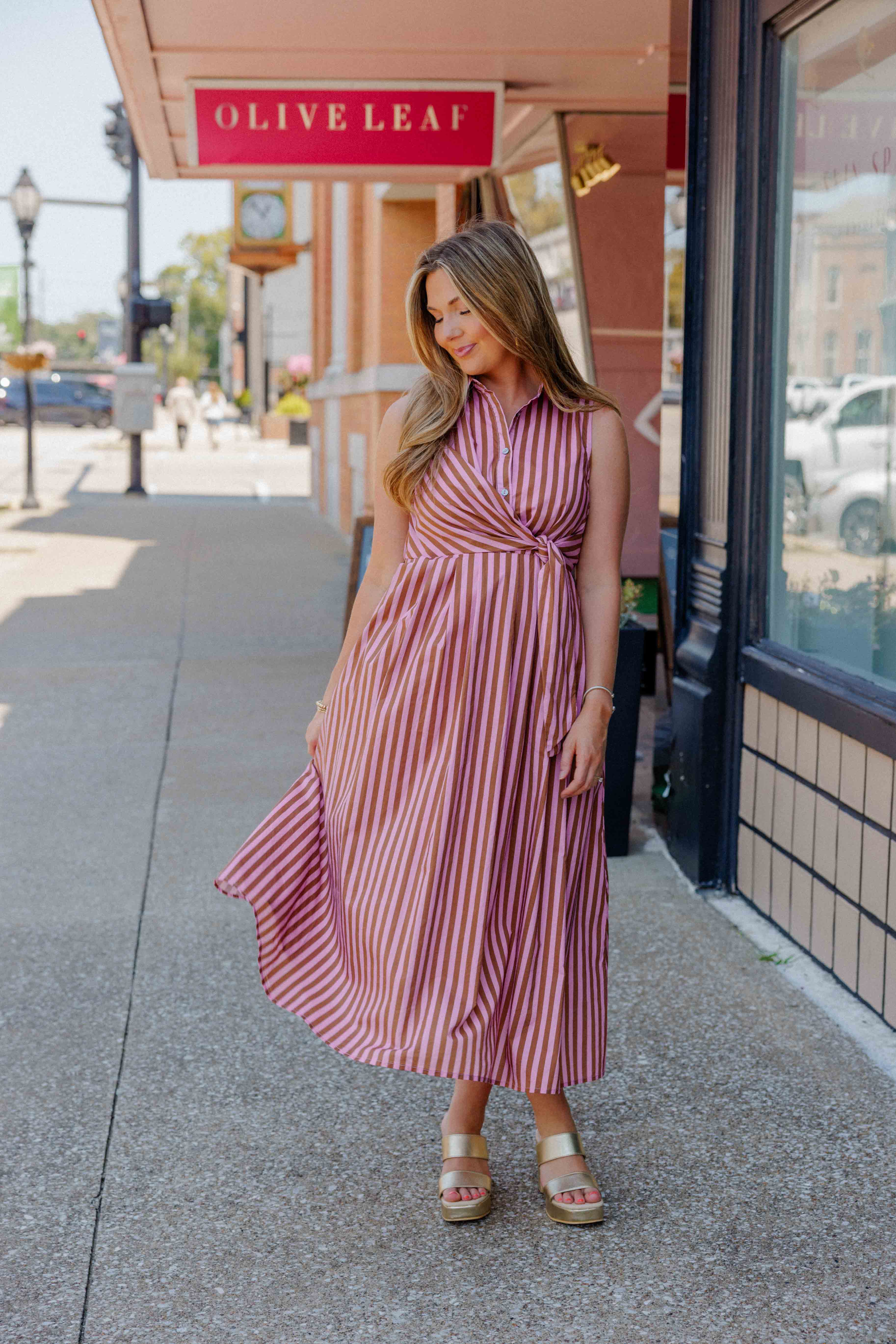 Camel Pink Striped Midi Dress