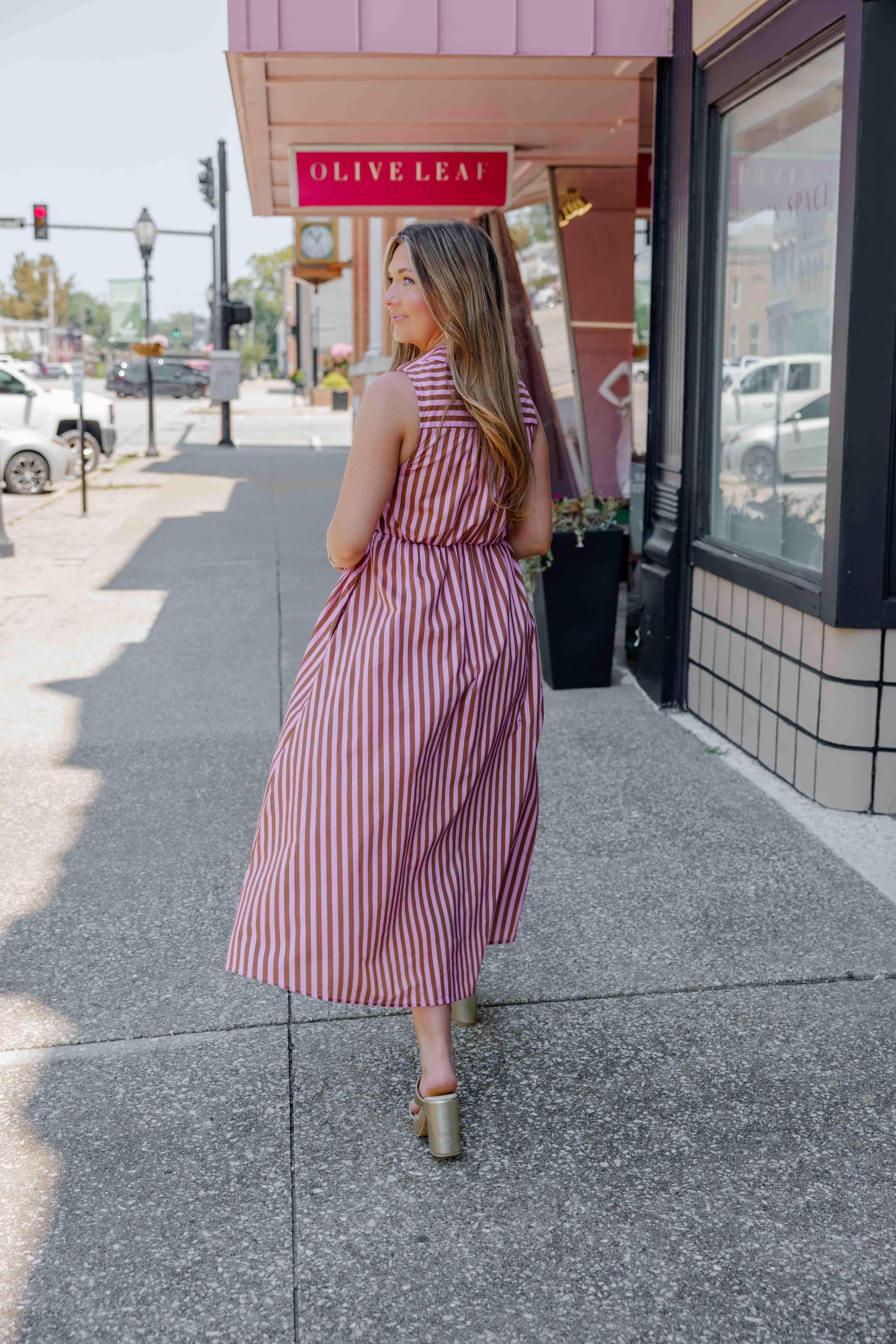Camel Pink Striped Midi Dress