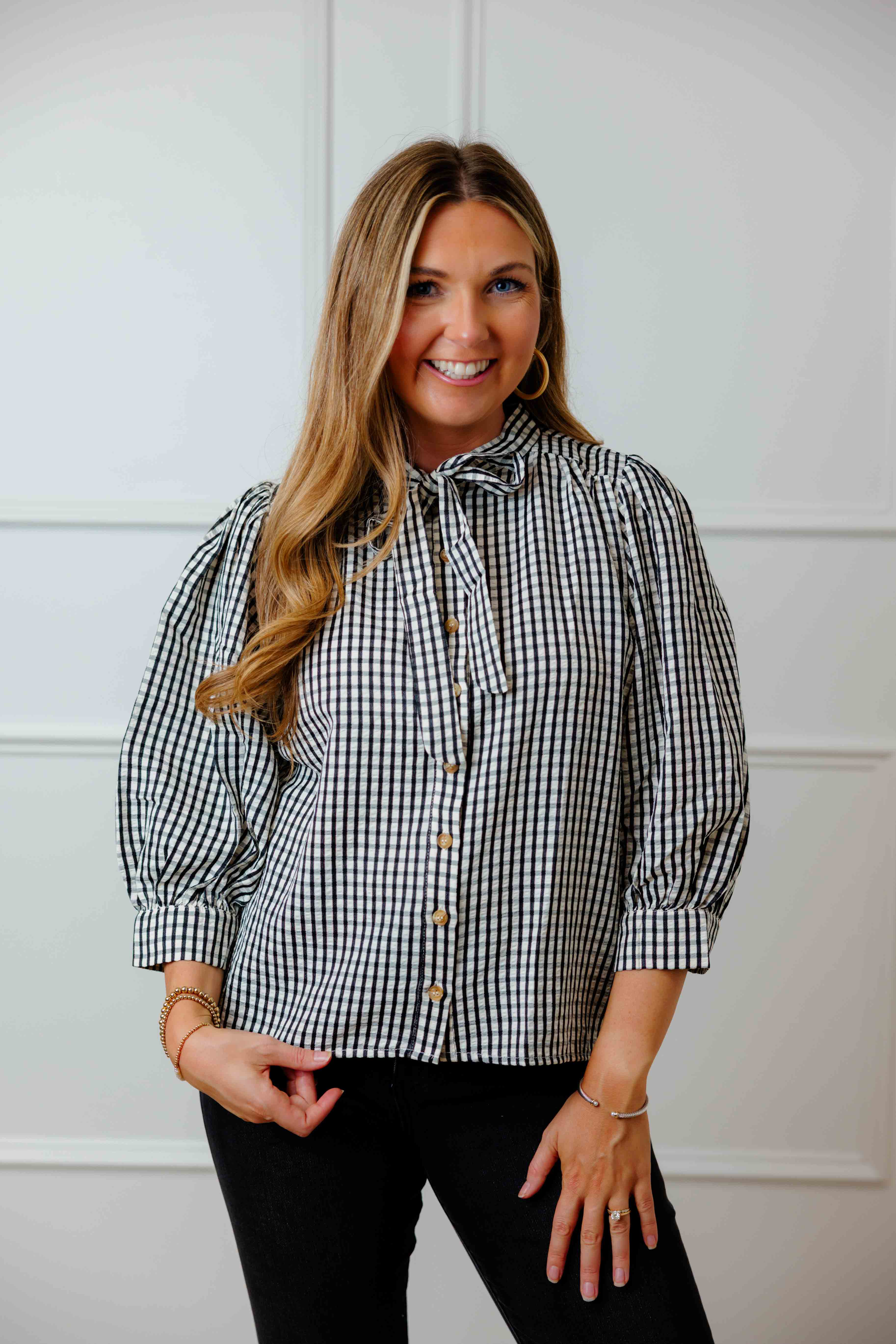 Black Gingham Button Up Top
