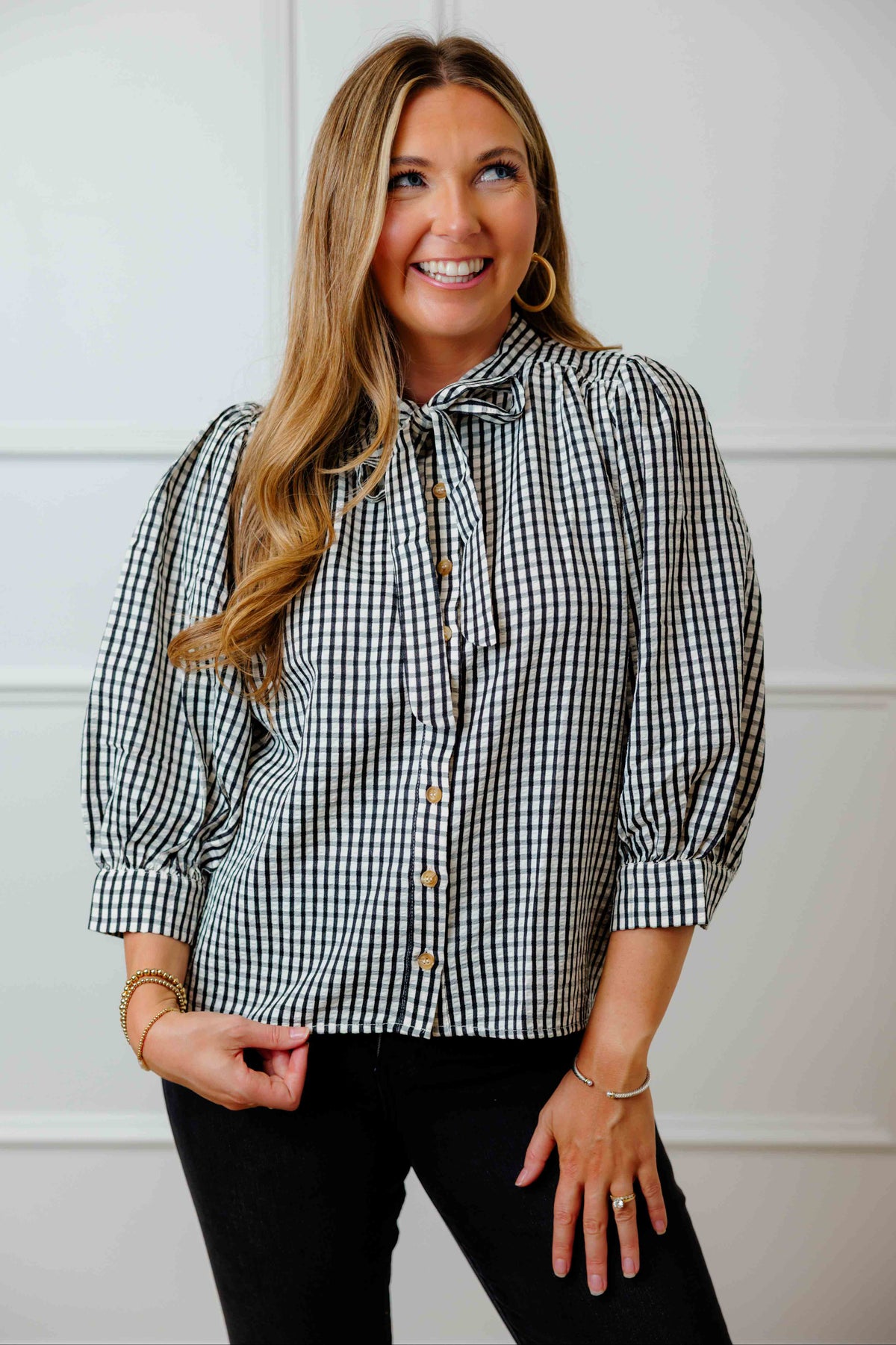 Black Gingham Button Up Top